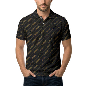 gold custom logo repeat pattern on black luxury minimalist polo shirt