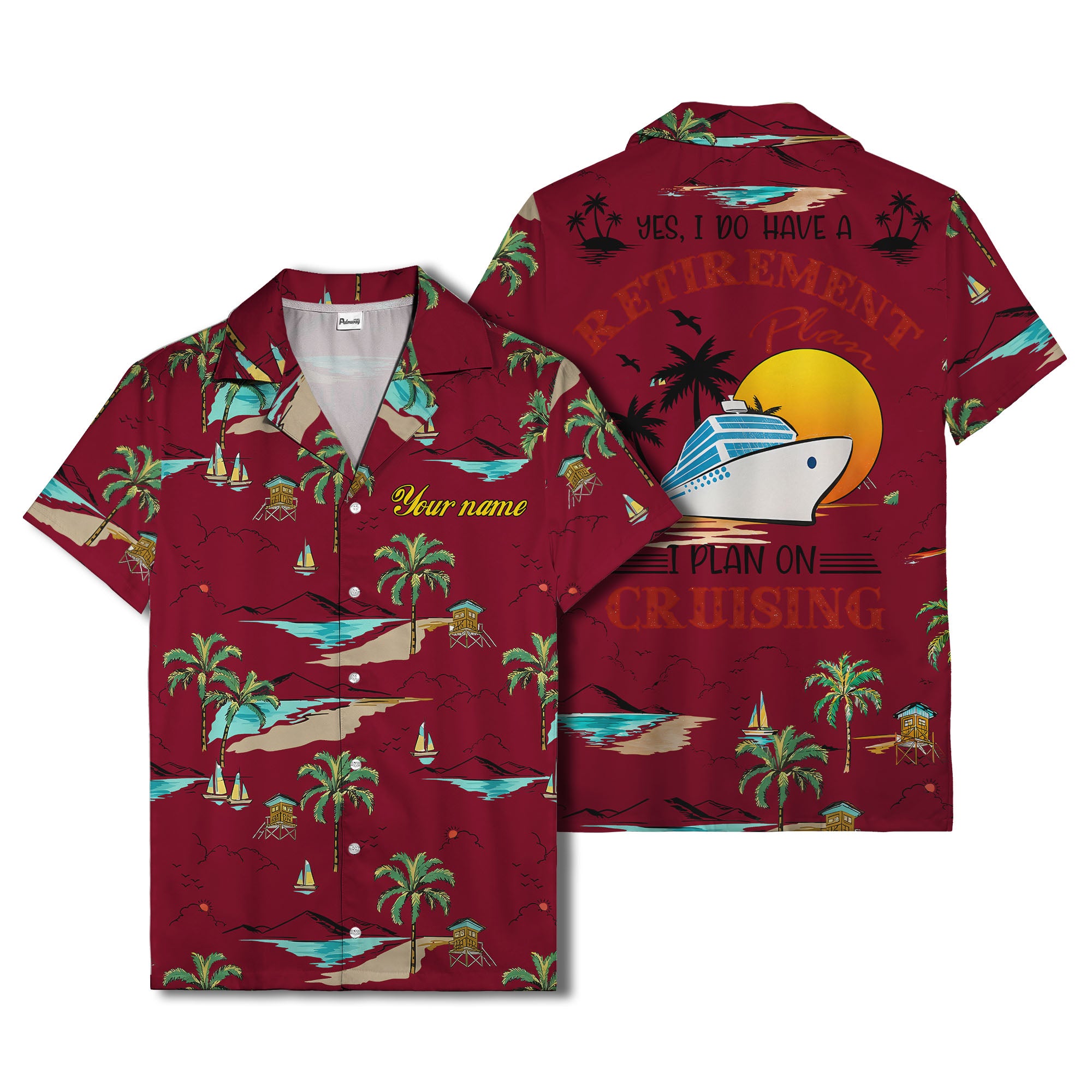 island paradise palm trees & sailboats sunset hawaiian shirt