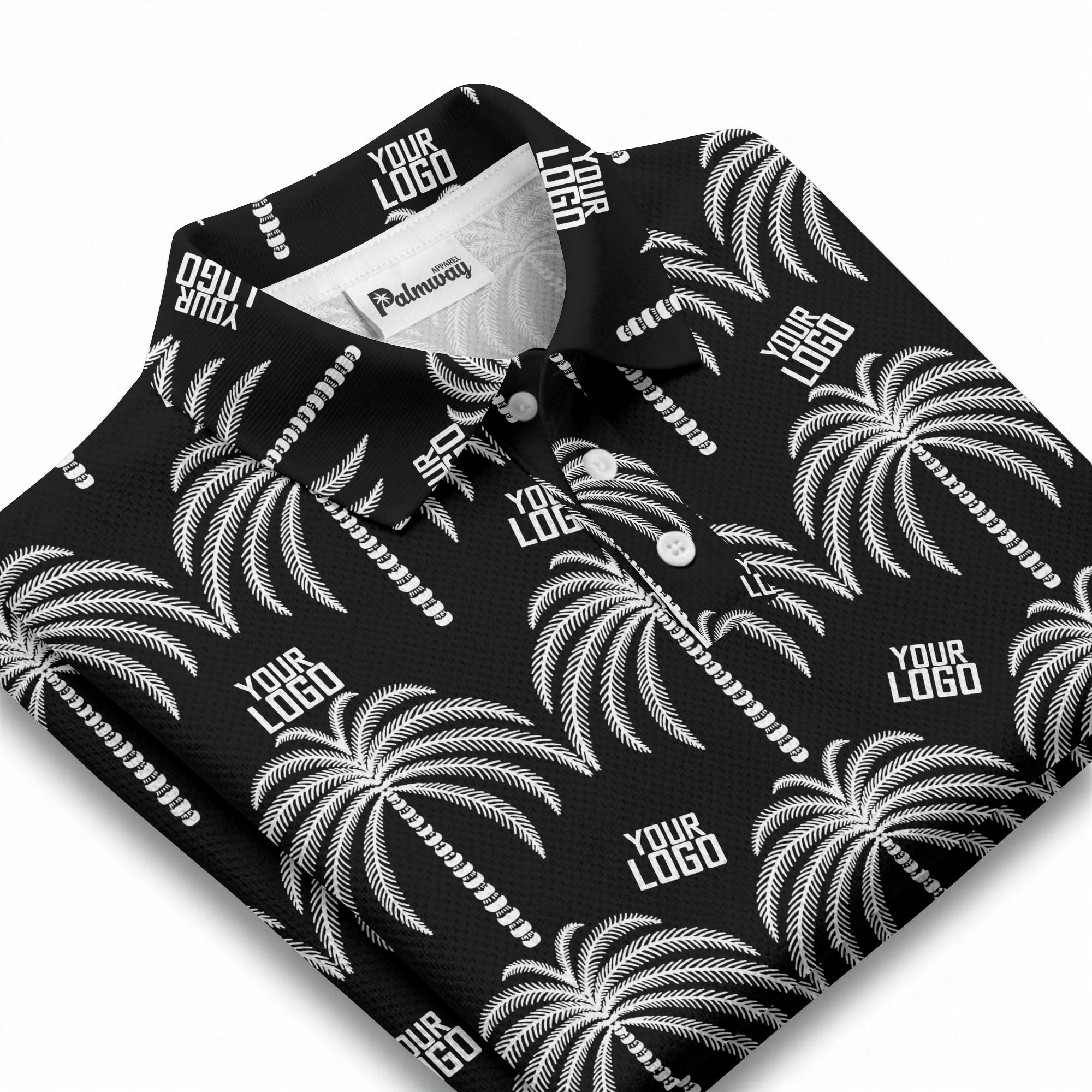 monochrome palm tree logo repeat hawaiian graphic polo shirt