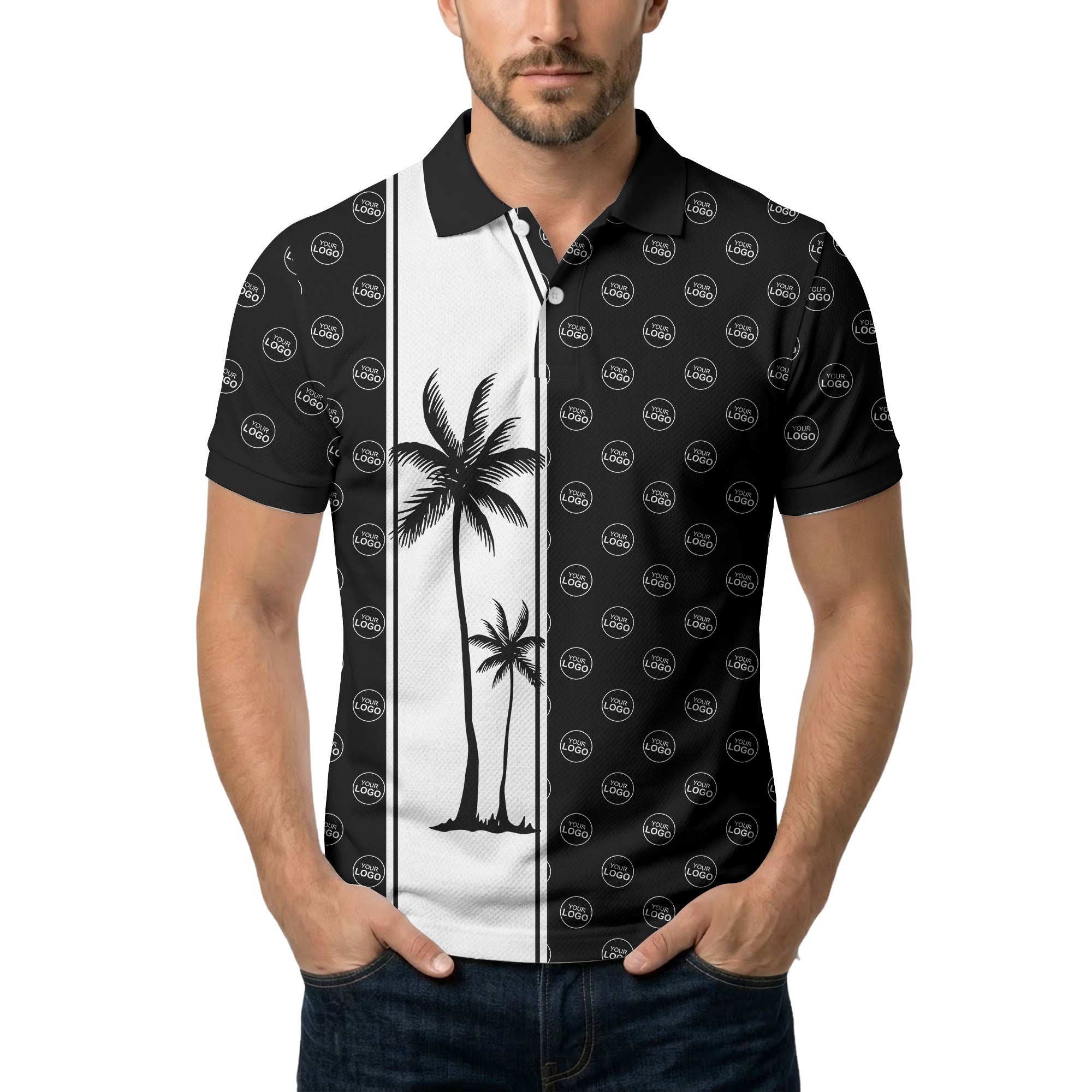 monochrome palm tree silhouette & logo repeat polo shirt