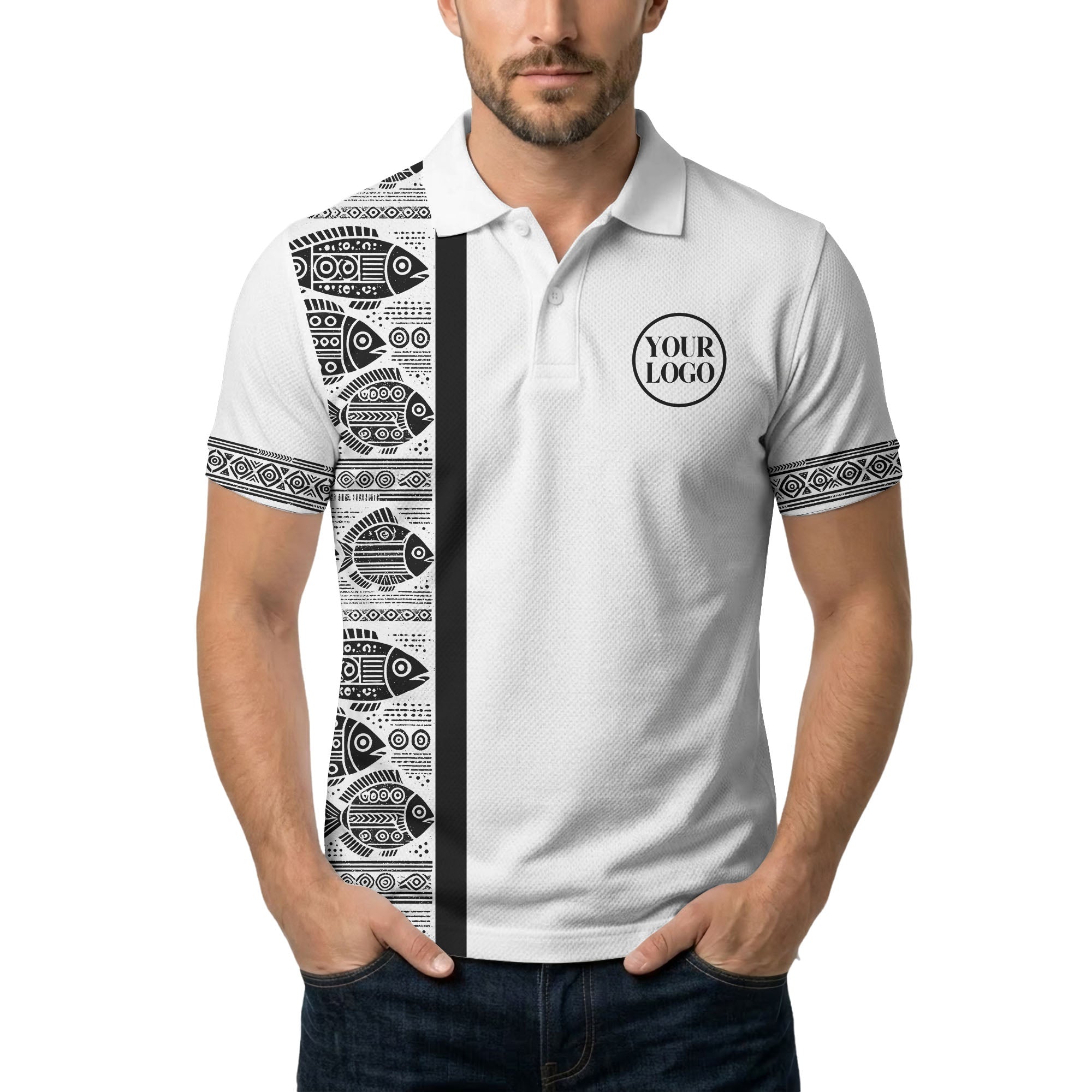 monochrome tribal fish & geometric borders patterned polo shirt for men