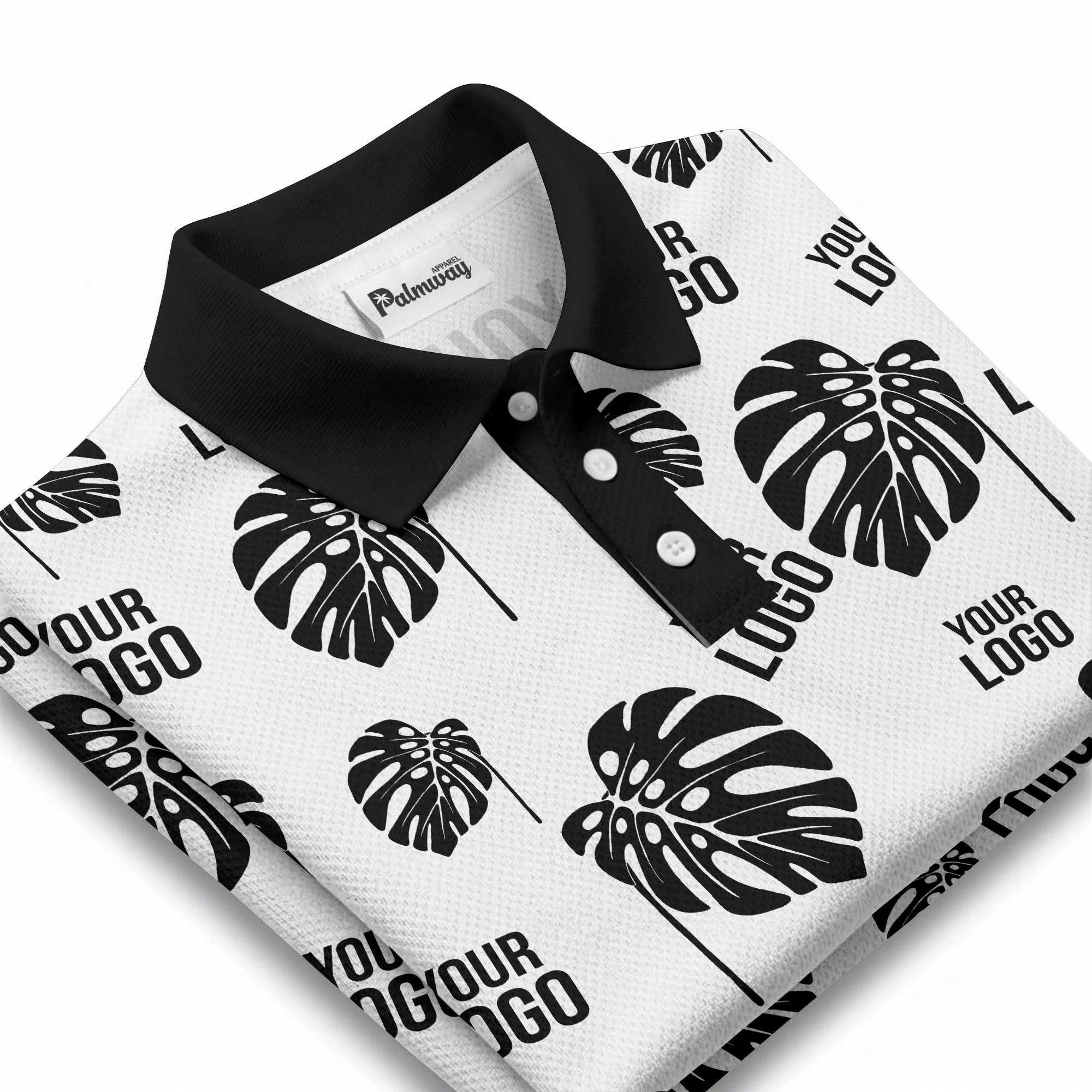 monstera leaves & custom logo repeat black white hawaiian polo shirt
