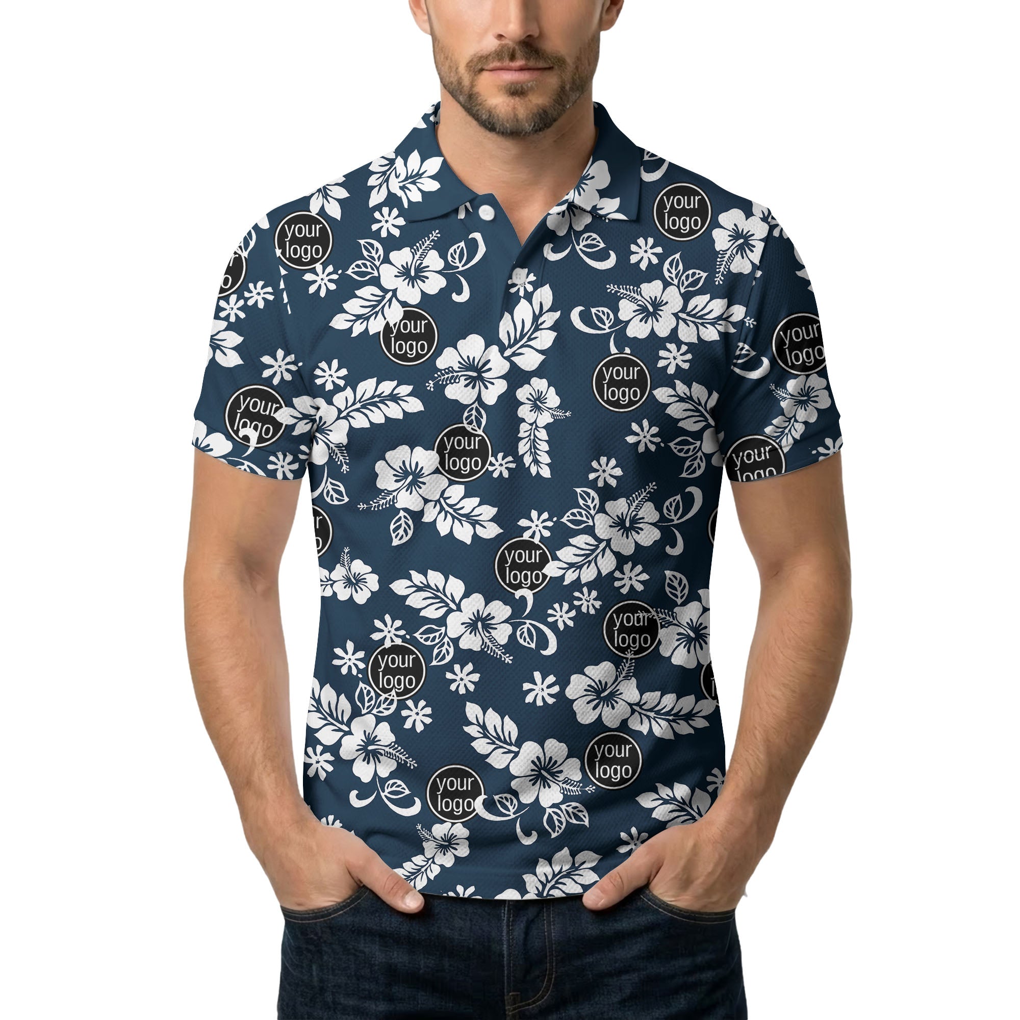 navy blue watercolor hibiscus & custom logo repeat pattern polo shirt