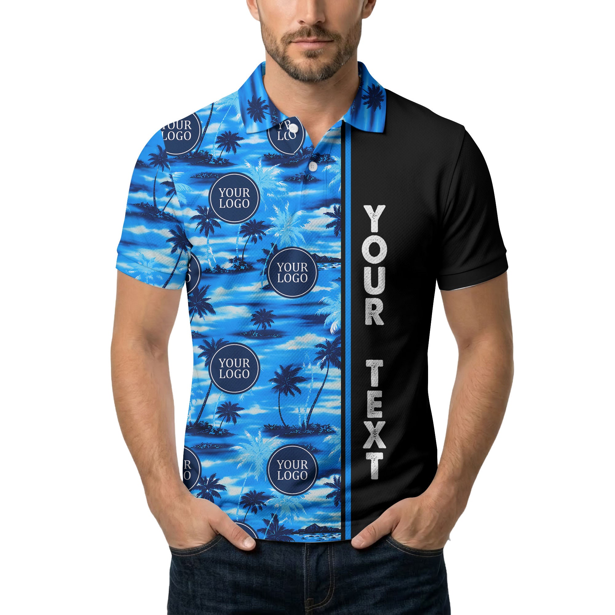 oceanic palm trees & circular logo repeat navy blue tropical beach polo shirt