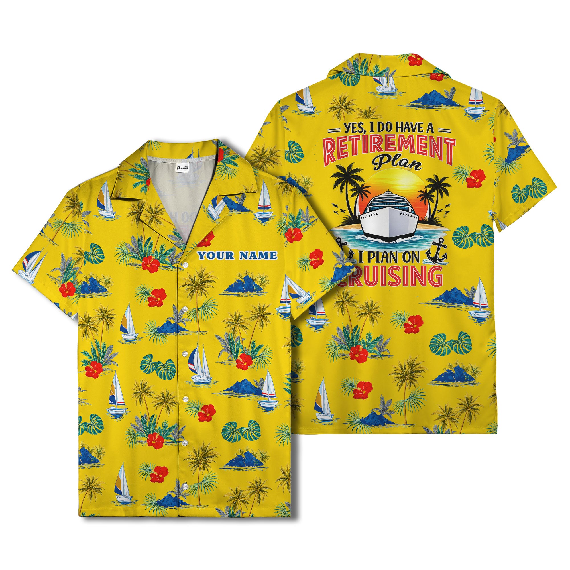palm trees sailboats hibiscus island paradise hawaiian shirt