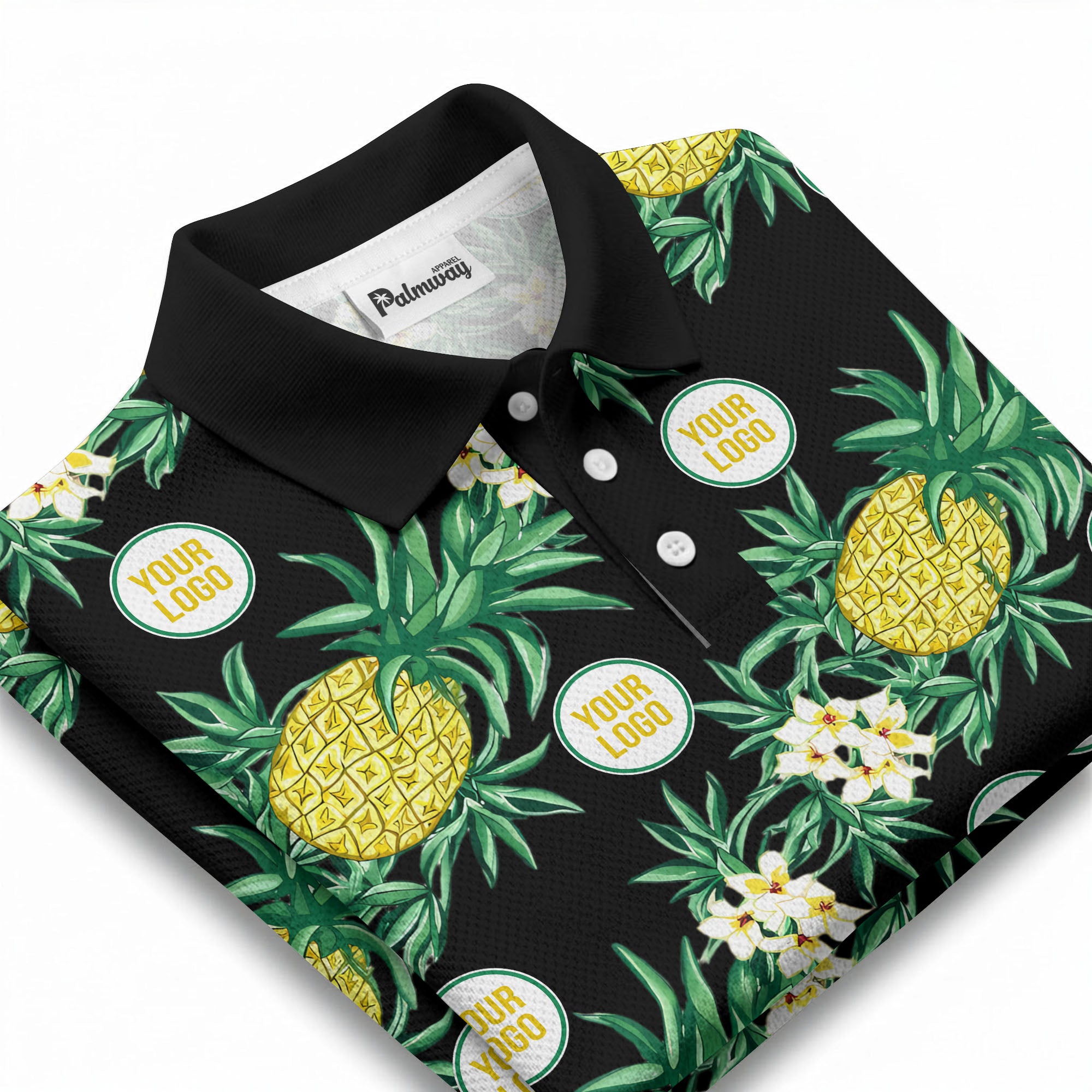 pineapple plumeria repeat pattern black polo shirt for men