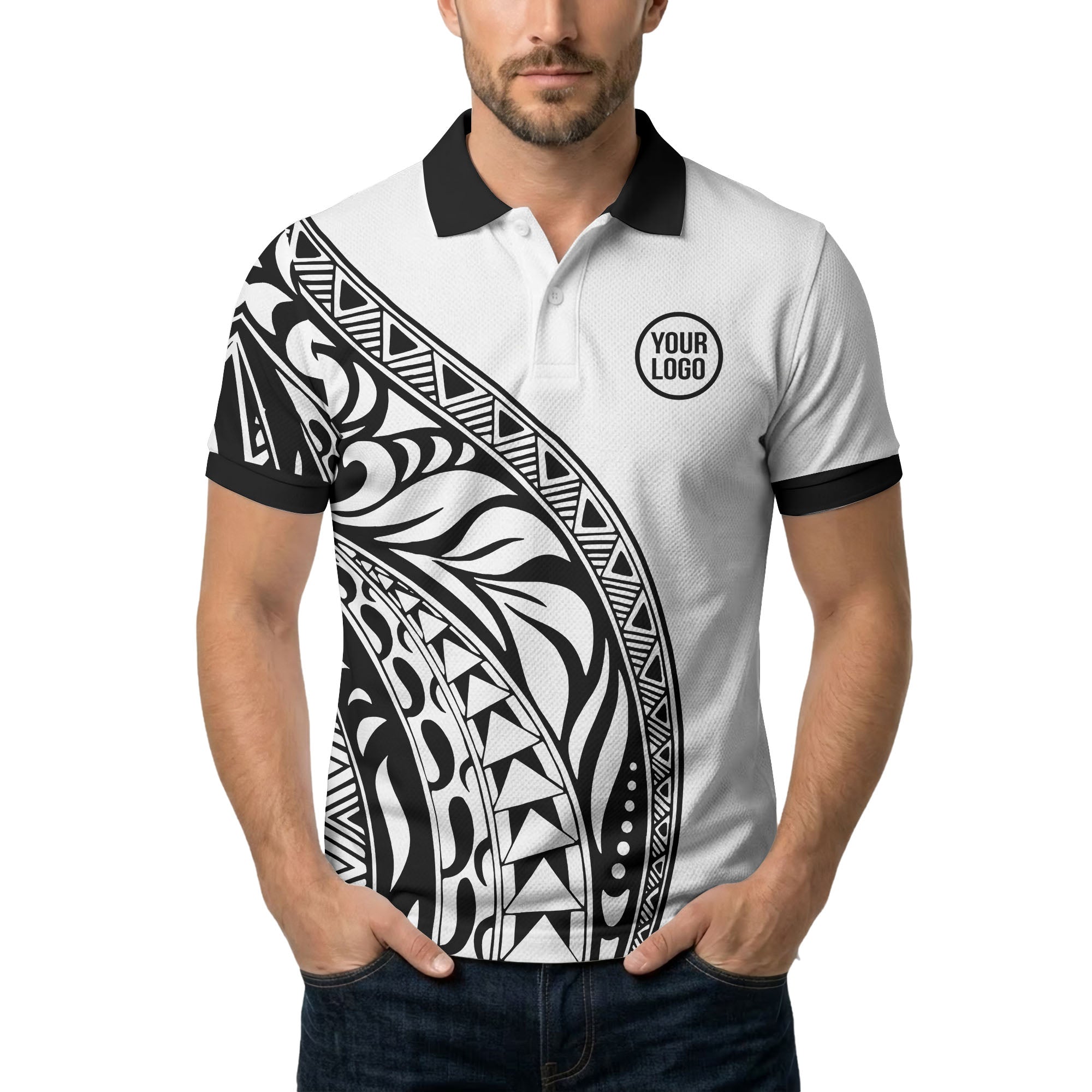 polynesian tribal tattoo geometric triangles black white polo shirt for men