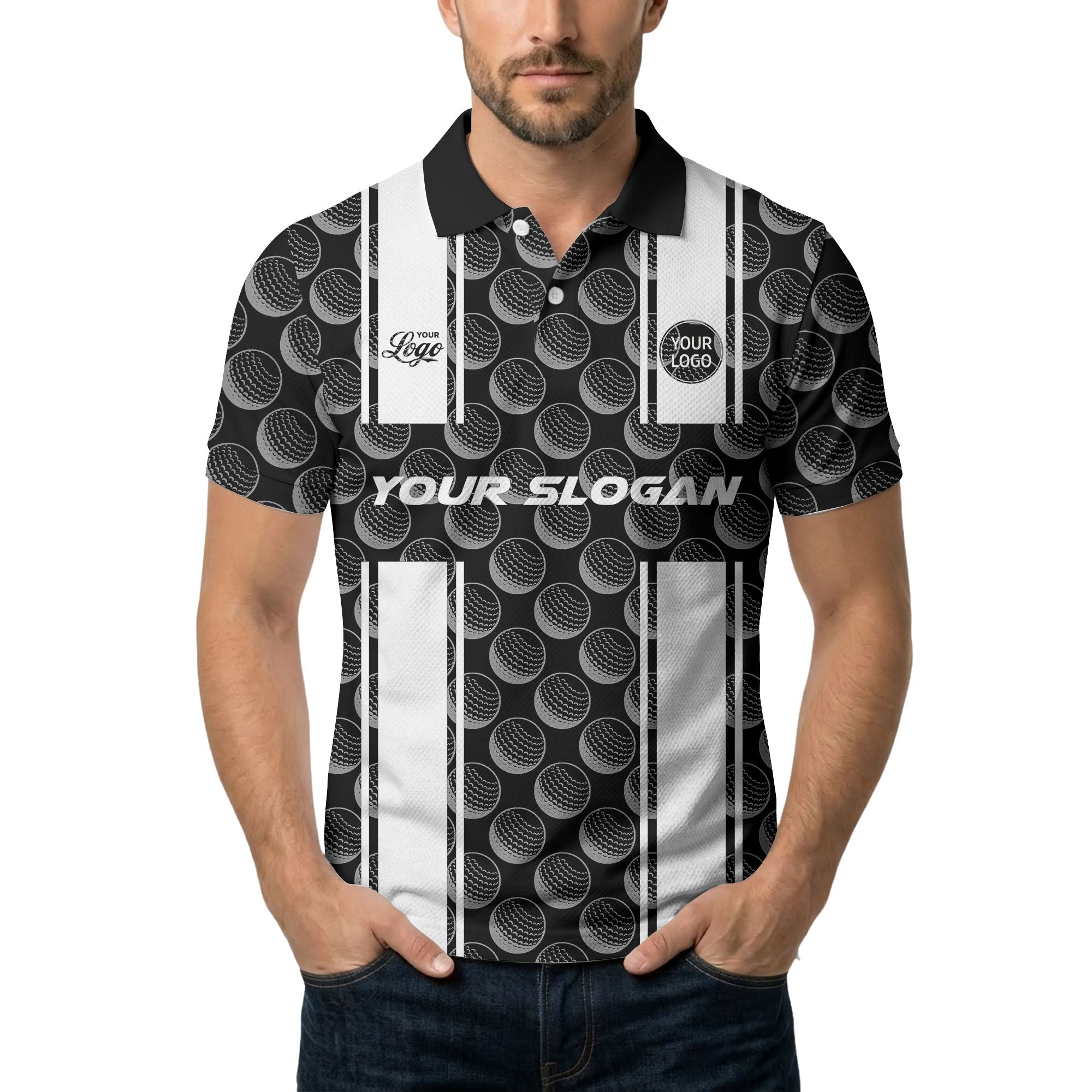realistic golf balls black white vertical stripe polo shirt