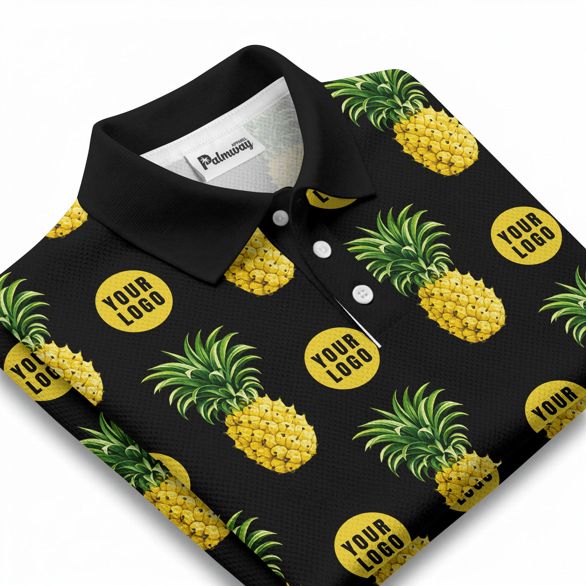 realistic pineapple repeat & custom logo black polo shirt
