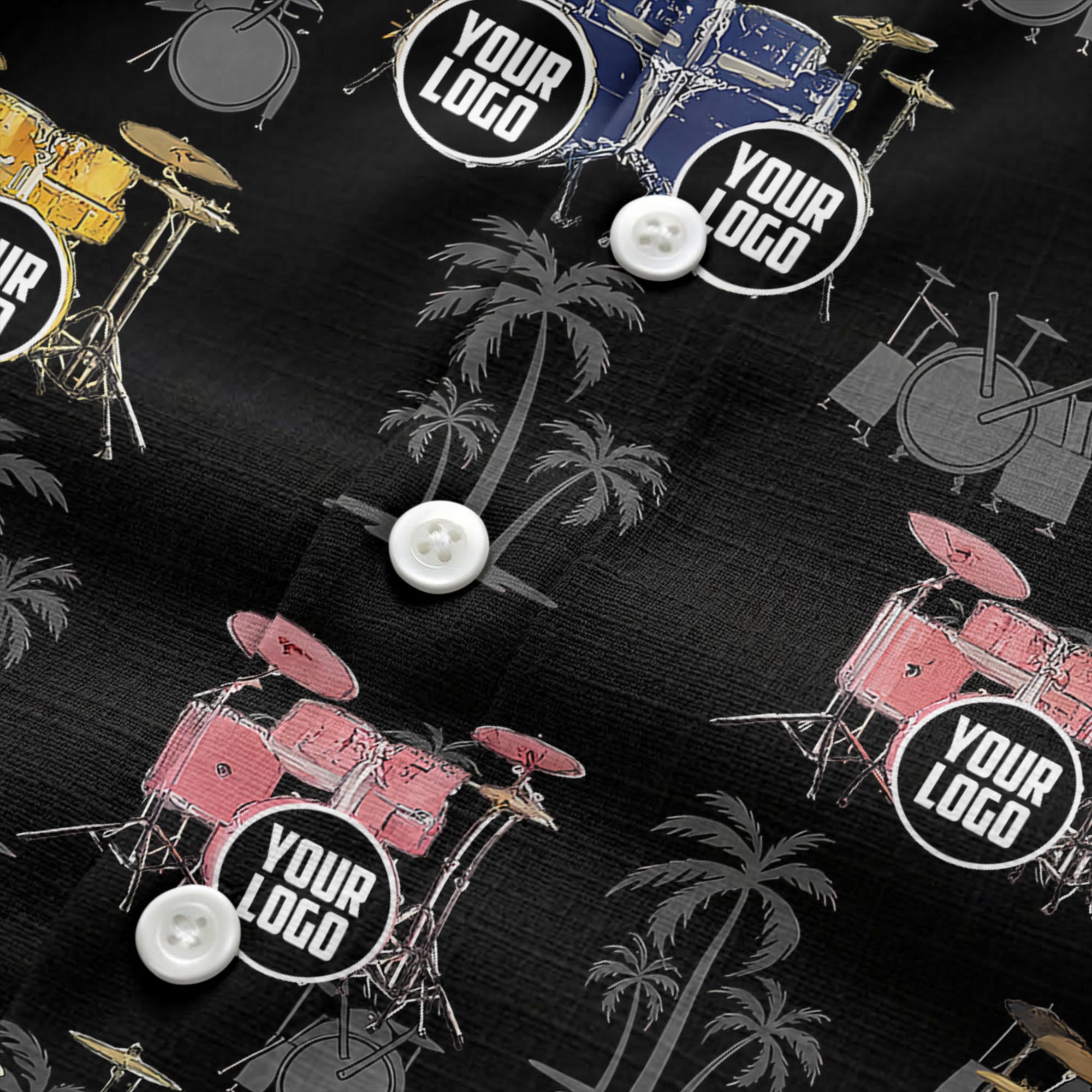 rockin' drum kits & palm trees repeat hawaiian shirt for musicians