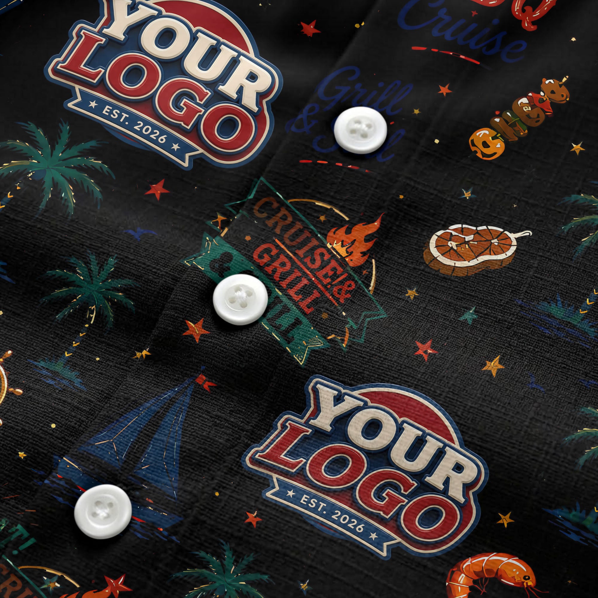 sailboats anchors ship wheels hamburger shrimp steak grill tools hawaiian shirt for men