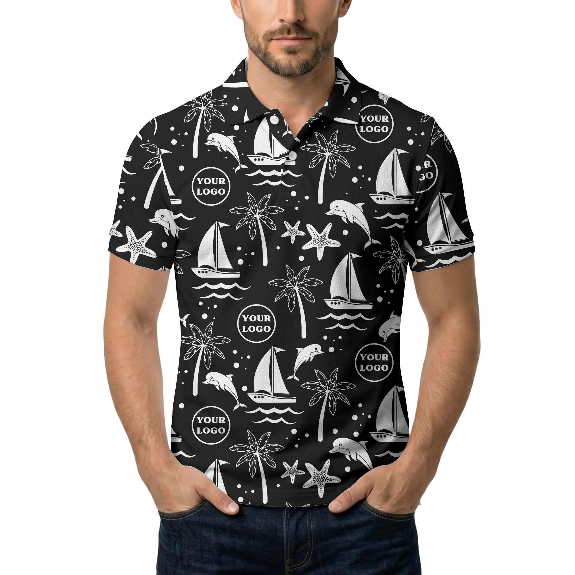 sailboats dolphins palm trees starfish repeat pattern black white polo shirt
