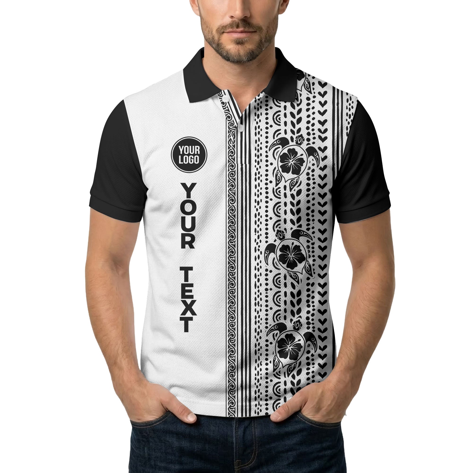 sea turtles hibiscus polynesian tribal black white polo shirt for men