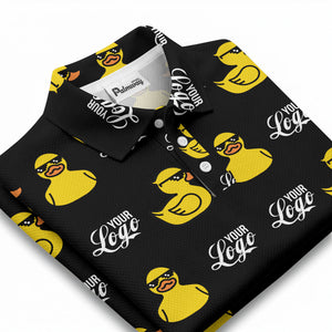 sunglasses rubber duck repeat pattern black yellow fun cartoon golf polo shirt