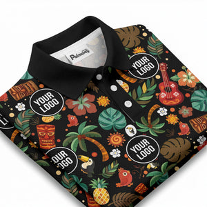 tiki masks palm trees ukuleles watercolor print polo shirt for men