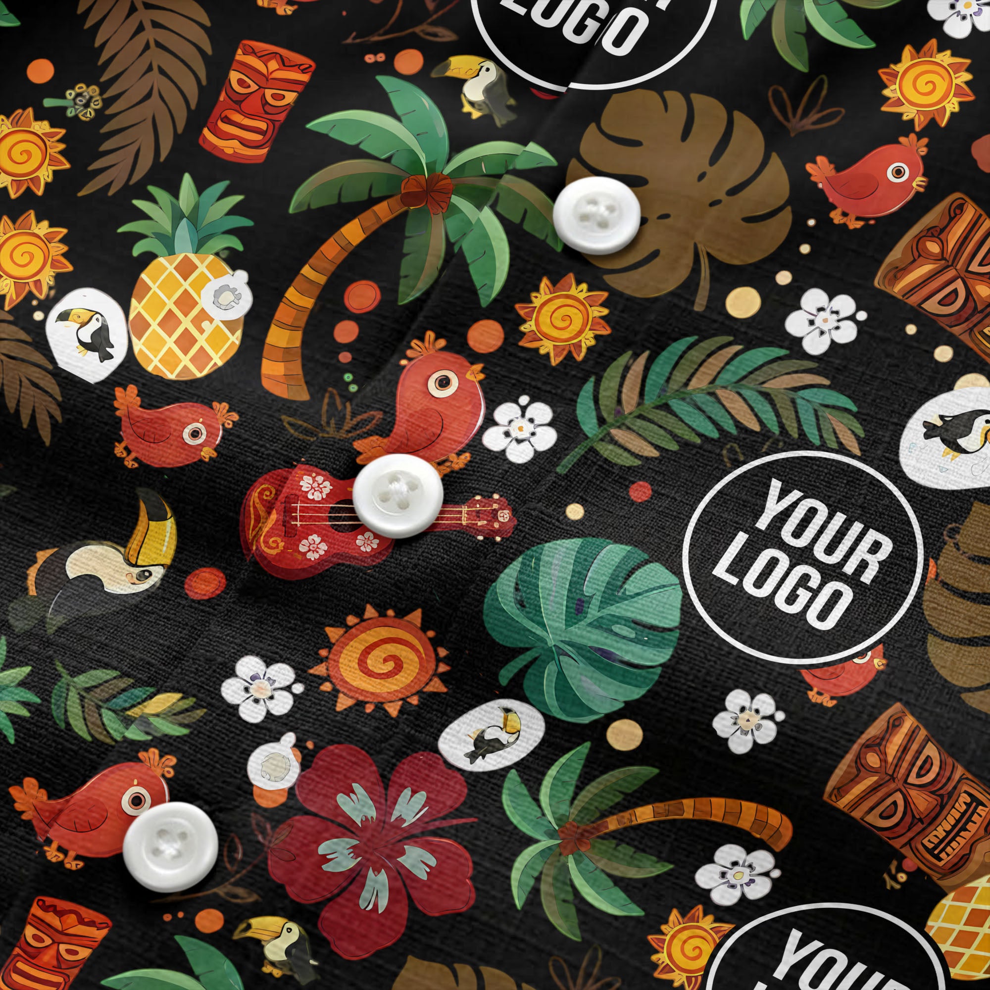 tiki masks & pineapples watercolor hawaiian shirt with toucans & ukuleles