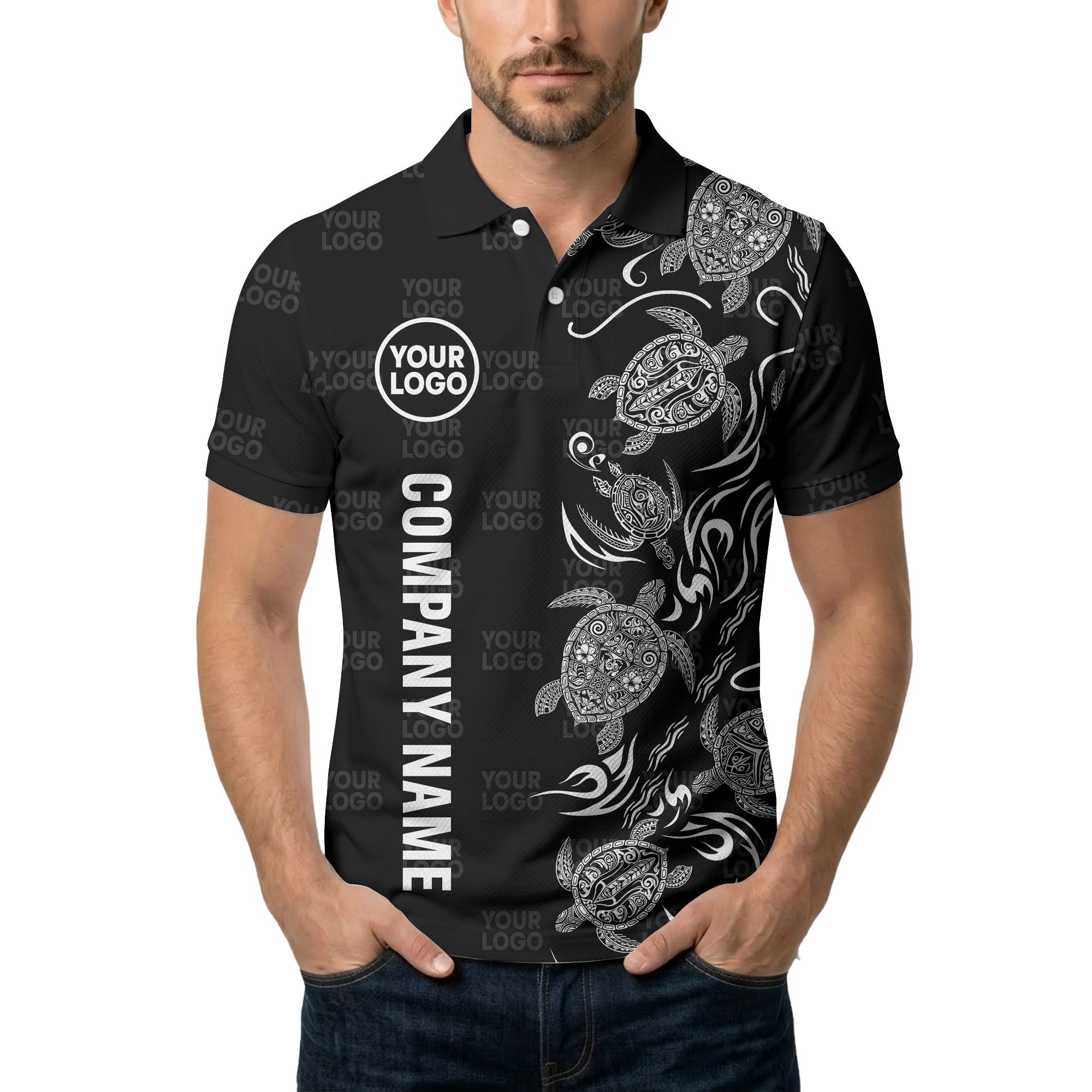 tribal sea turtle swirl black white artwork polo shirt for beach days