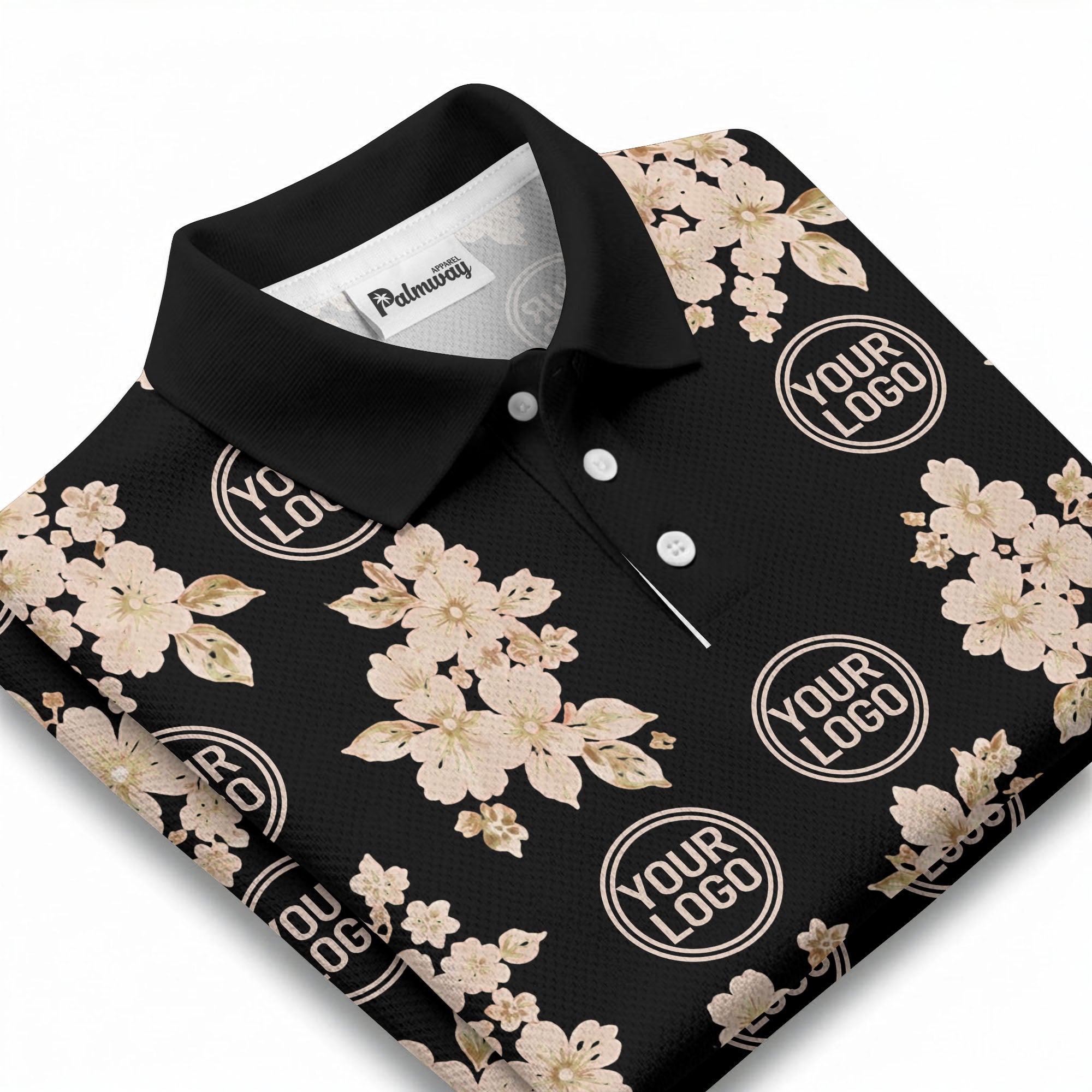 watercolor cherry blossom custom logo repeat polo shirt in black