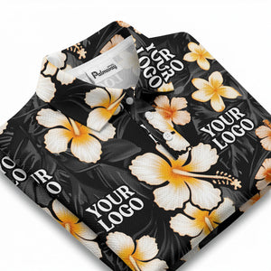 watercolor hibiscus & plumeria black aloha polo shirt for men