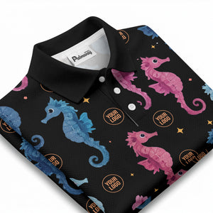 watercolor seahorse repeat marine life polo shirt in pink blue