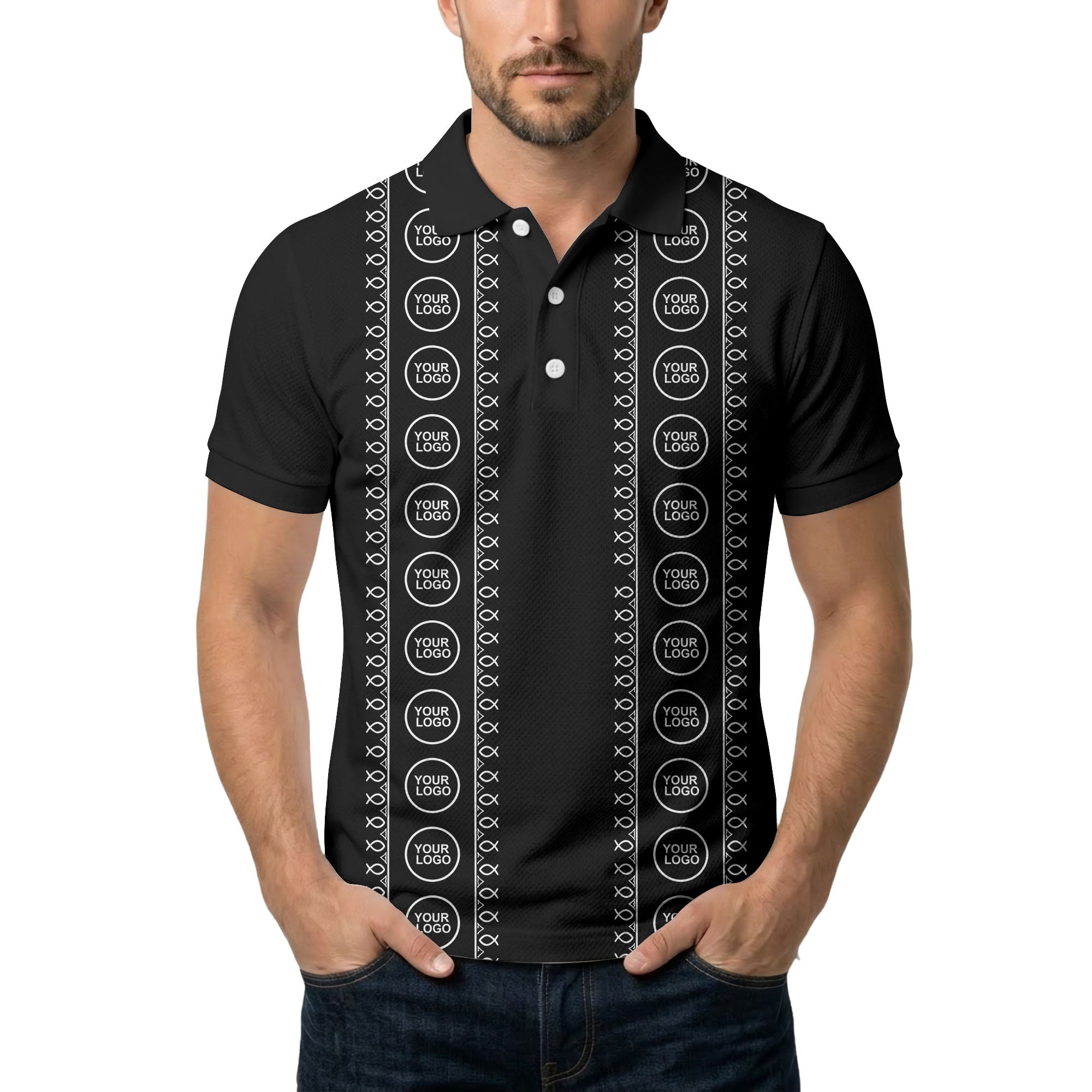 black white fish symbol repeat pattern golf polo shirt
