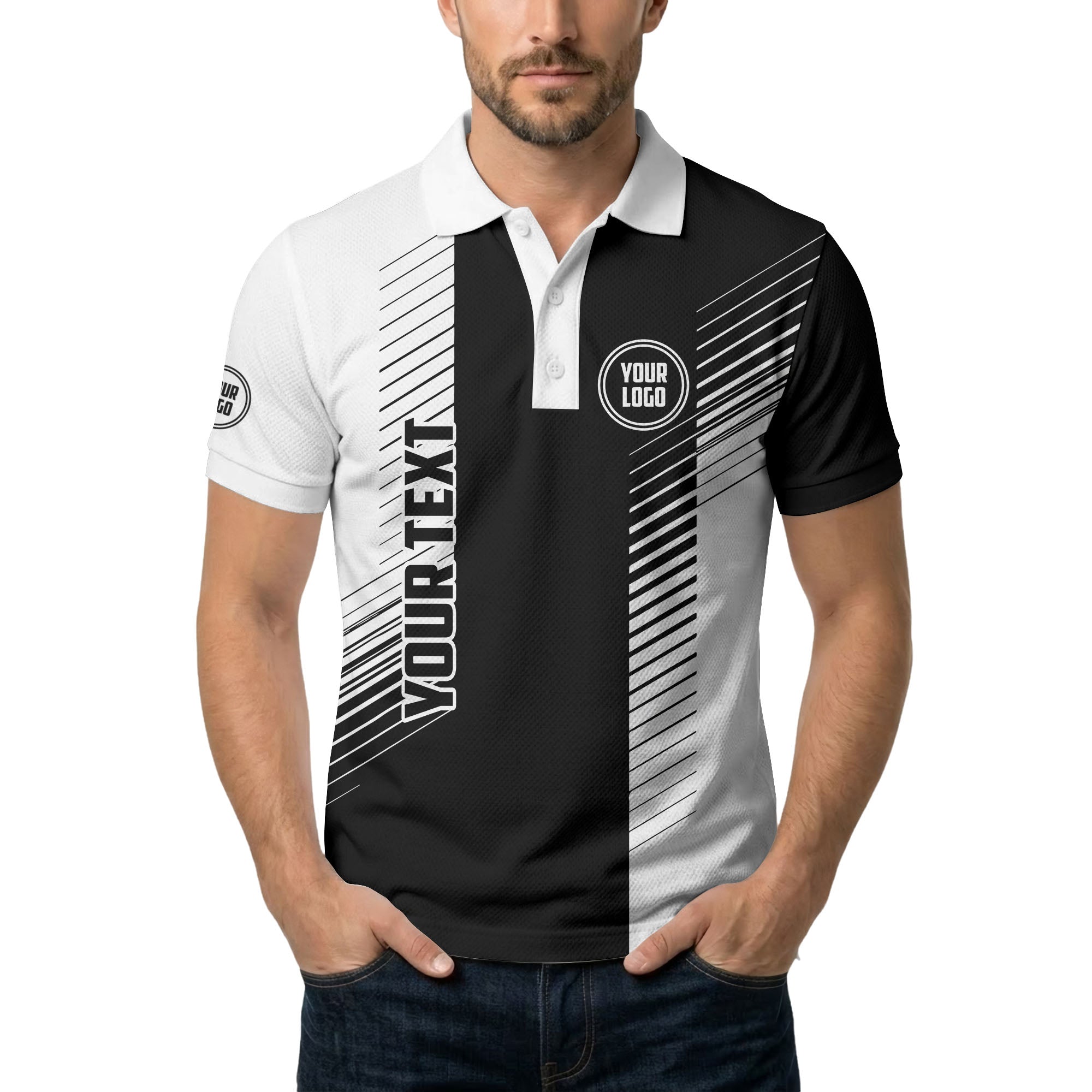 bold diagonal black & white stripes custom logo polo shirt