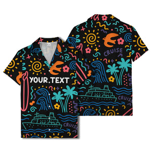 cartoon cruise ship palm trees surfboards wave hawaiian shirt
