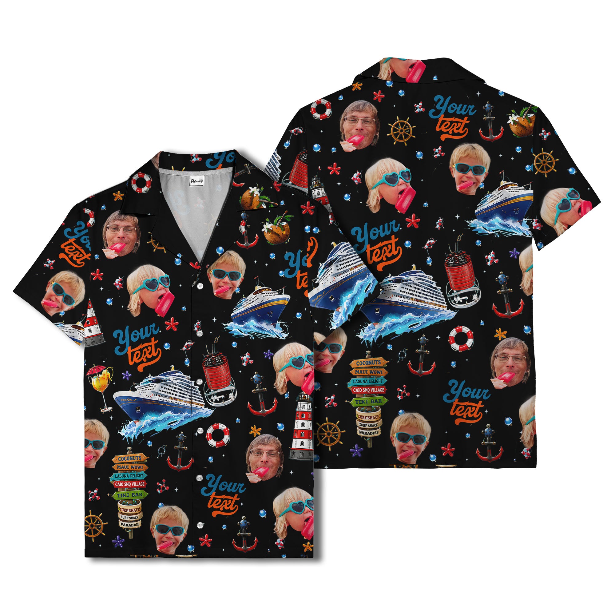 cruise ship faces & cocktail signs cartoon hawaiian shirt