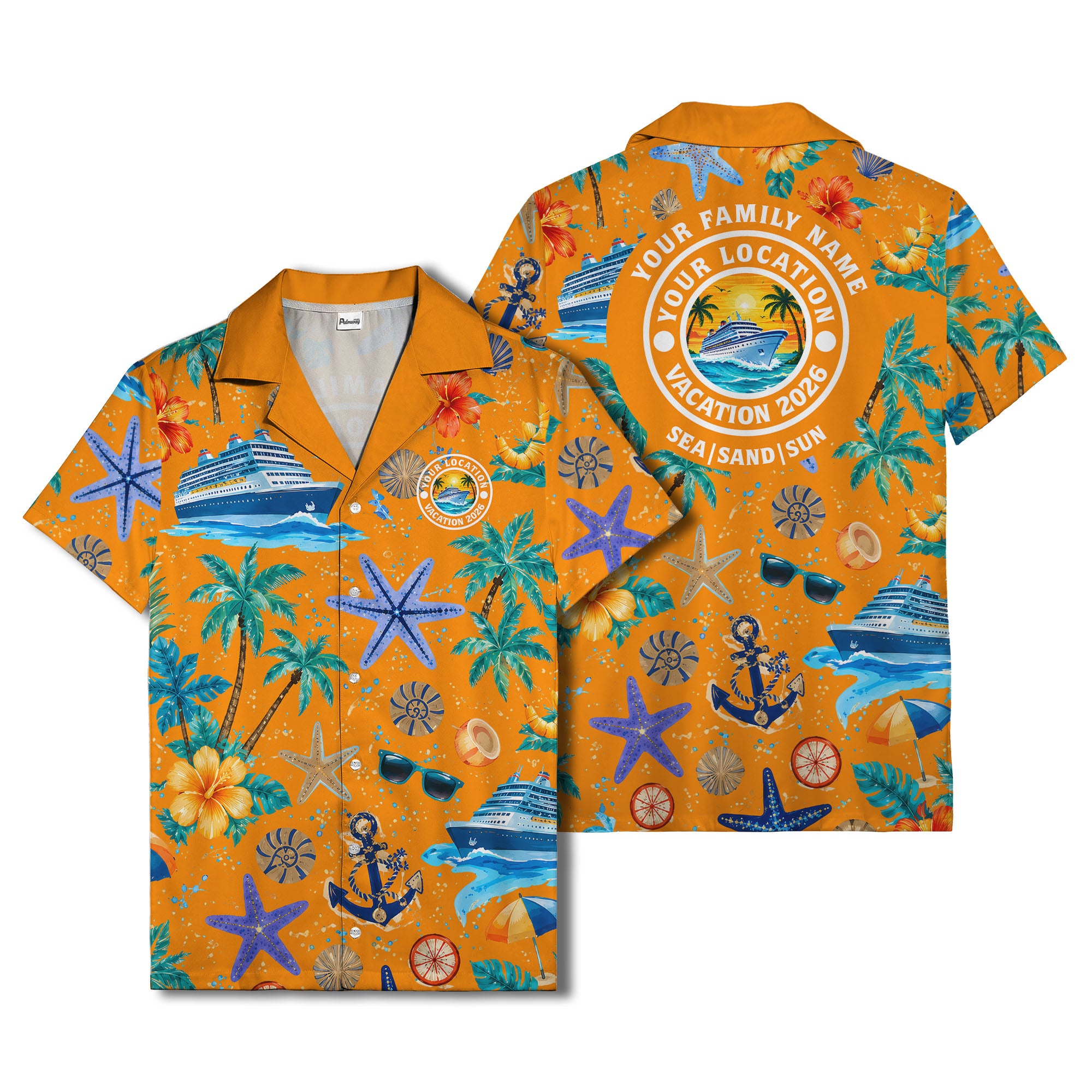 cruise ship palm trees starfish watercolor hawaiian shirt