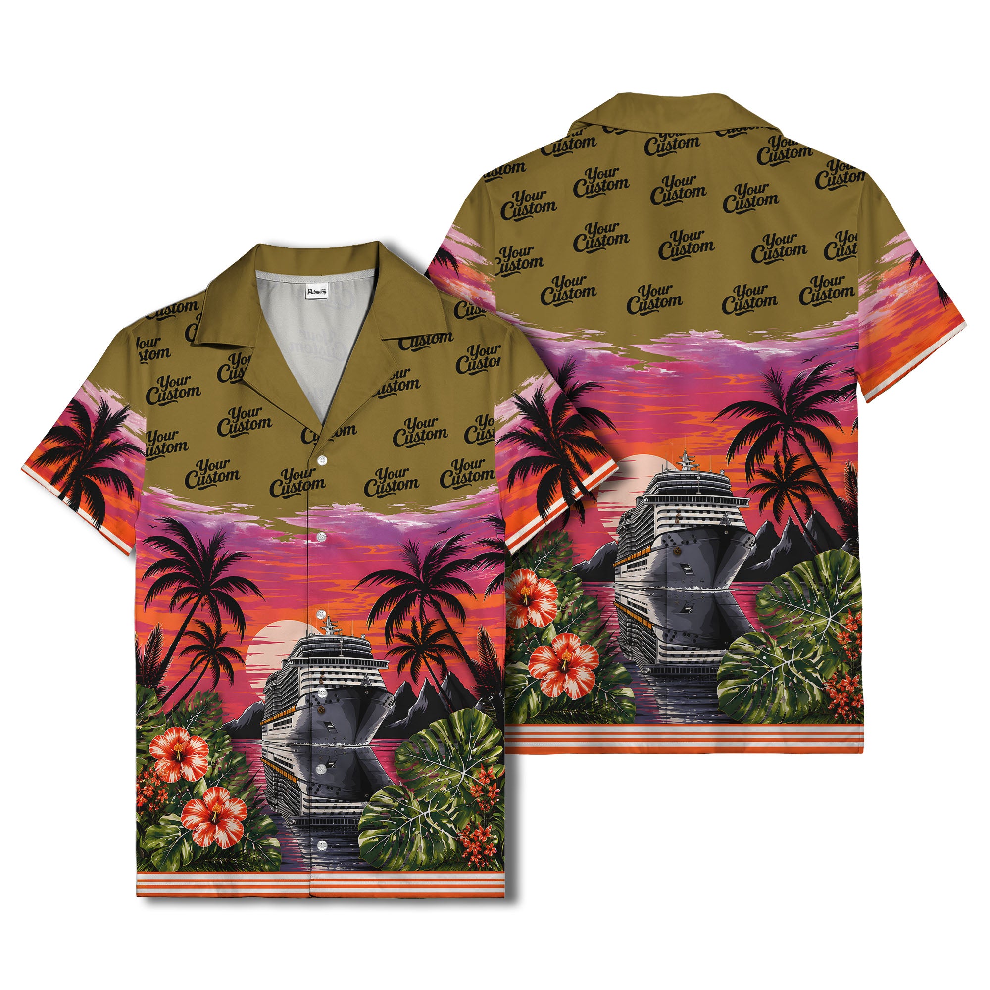 cruise ship sunset palm trees hibiscus flowers hawaiian shirt for men