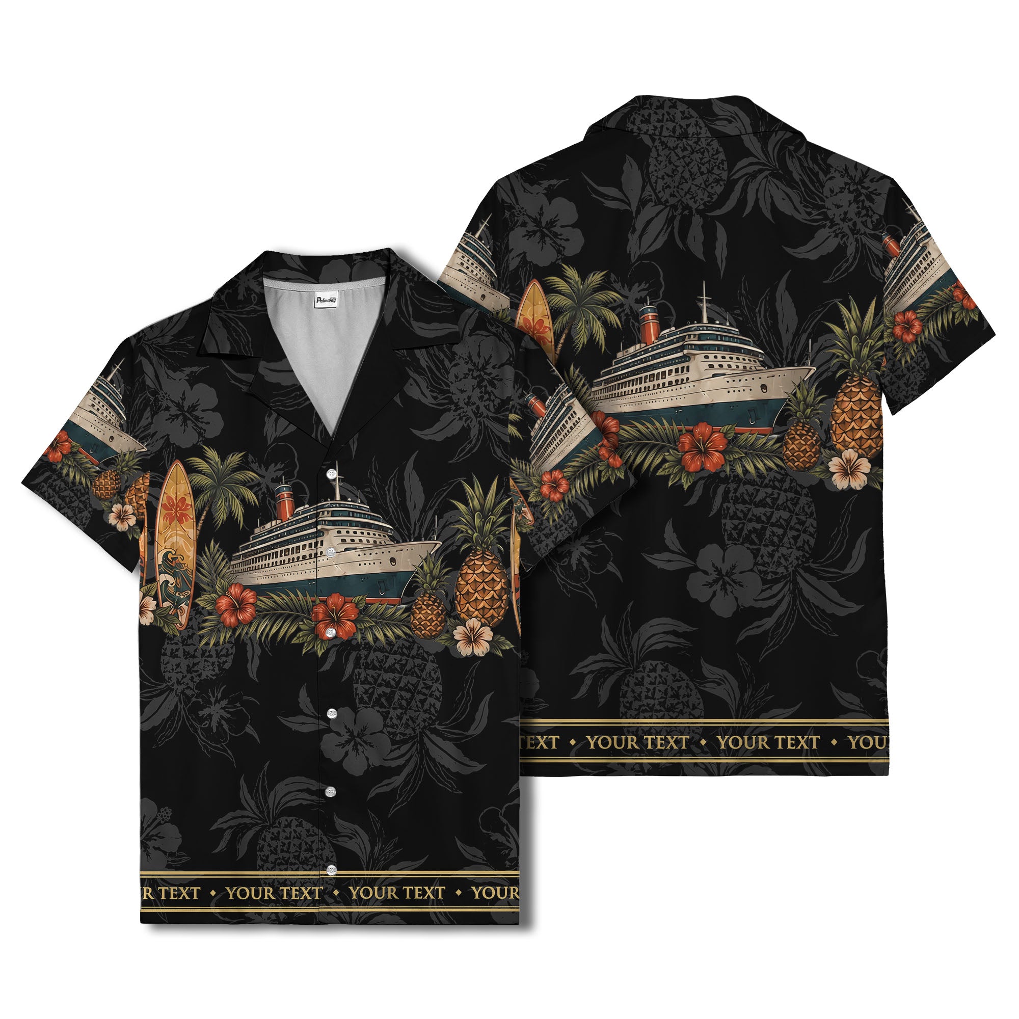 cruise ship surfboard pineapple palm hibiscus hawaiian shirt