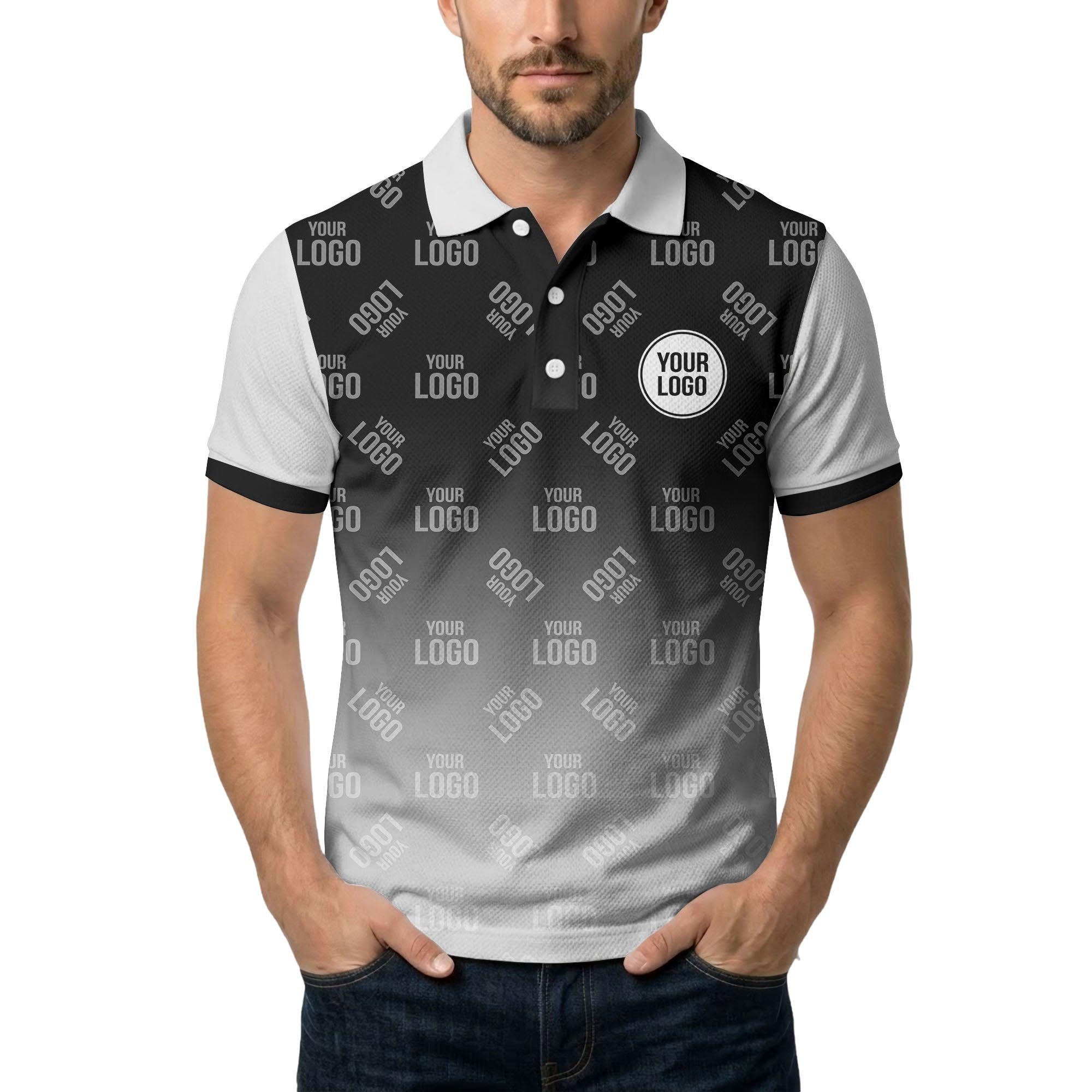 custom logo repeat gradient polo shirt for men in black & white