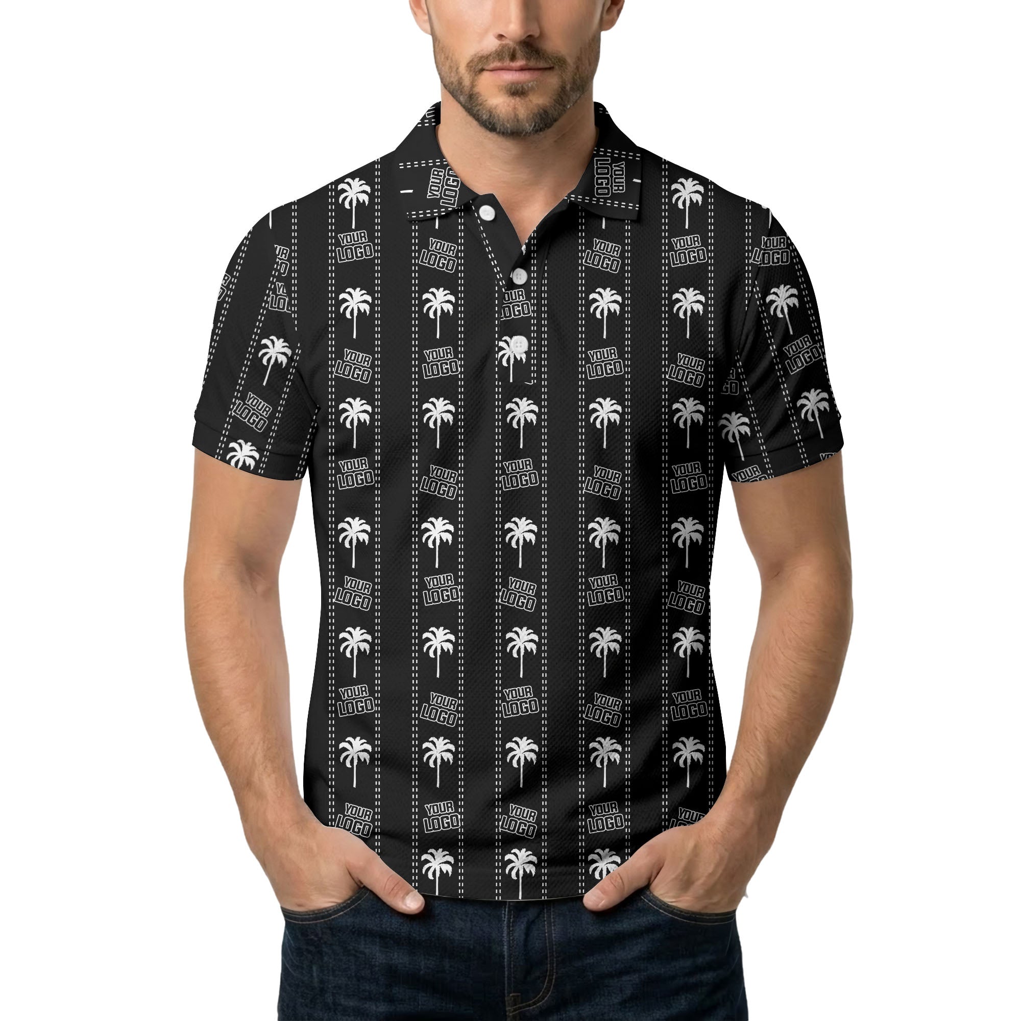 customizable palm trees & logo repeat graphic black white polo shirt