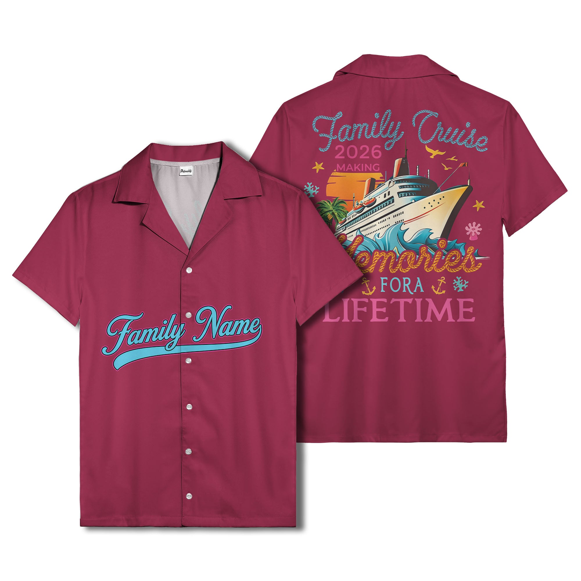 family name script & logo circle personalized hawaiian shirt