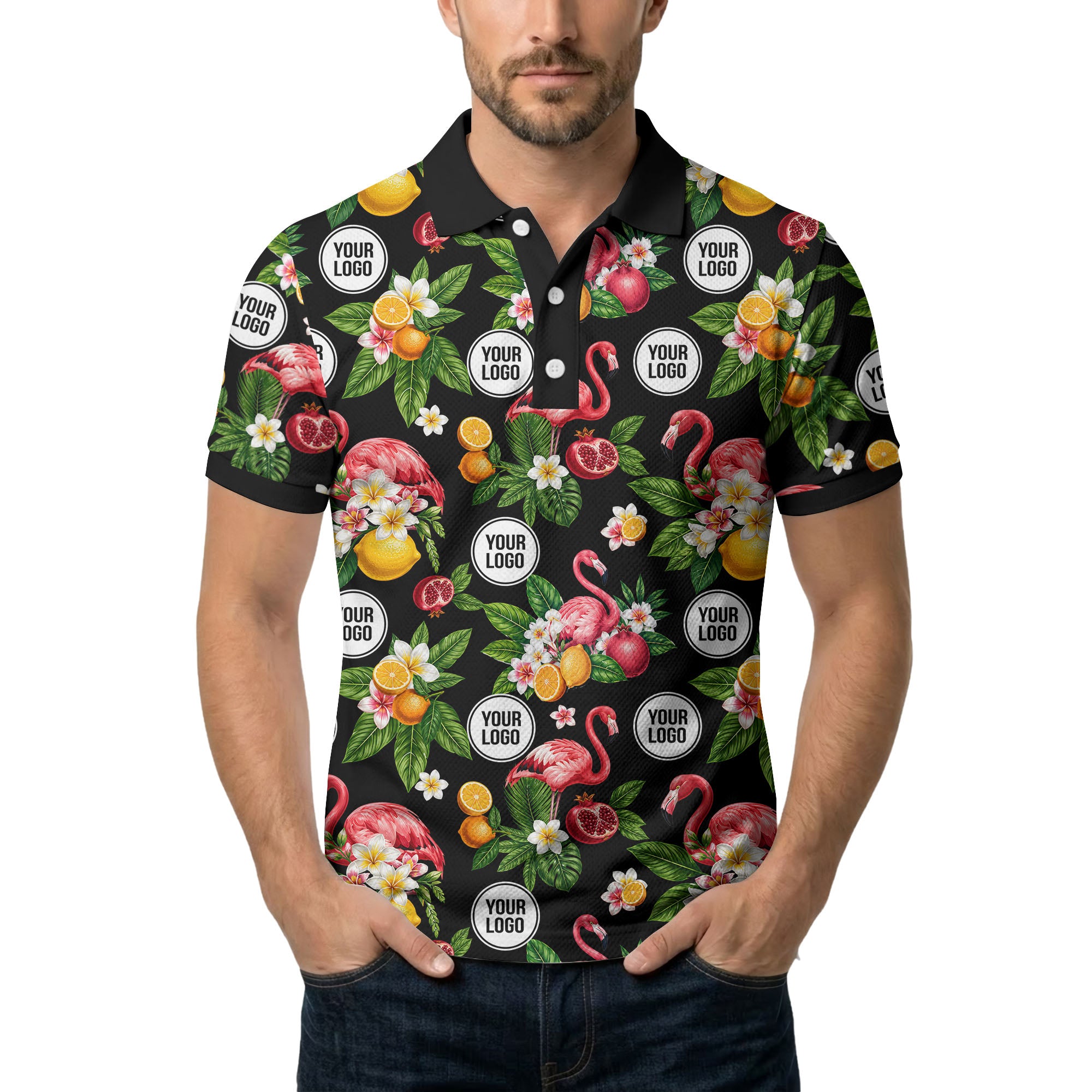 flamingo & lemon watercolor print polo shirt for men