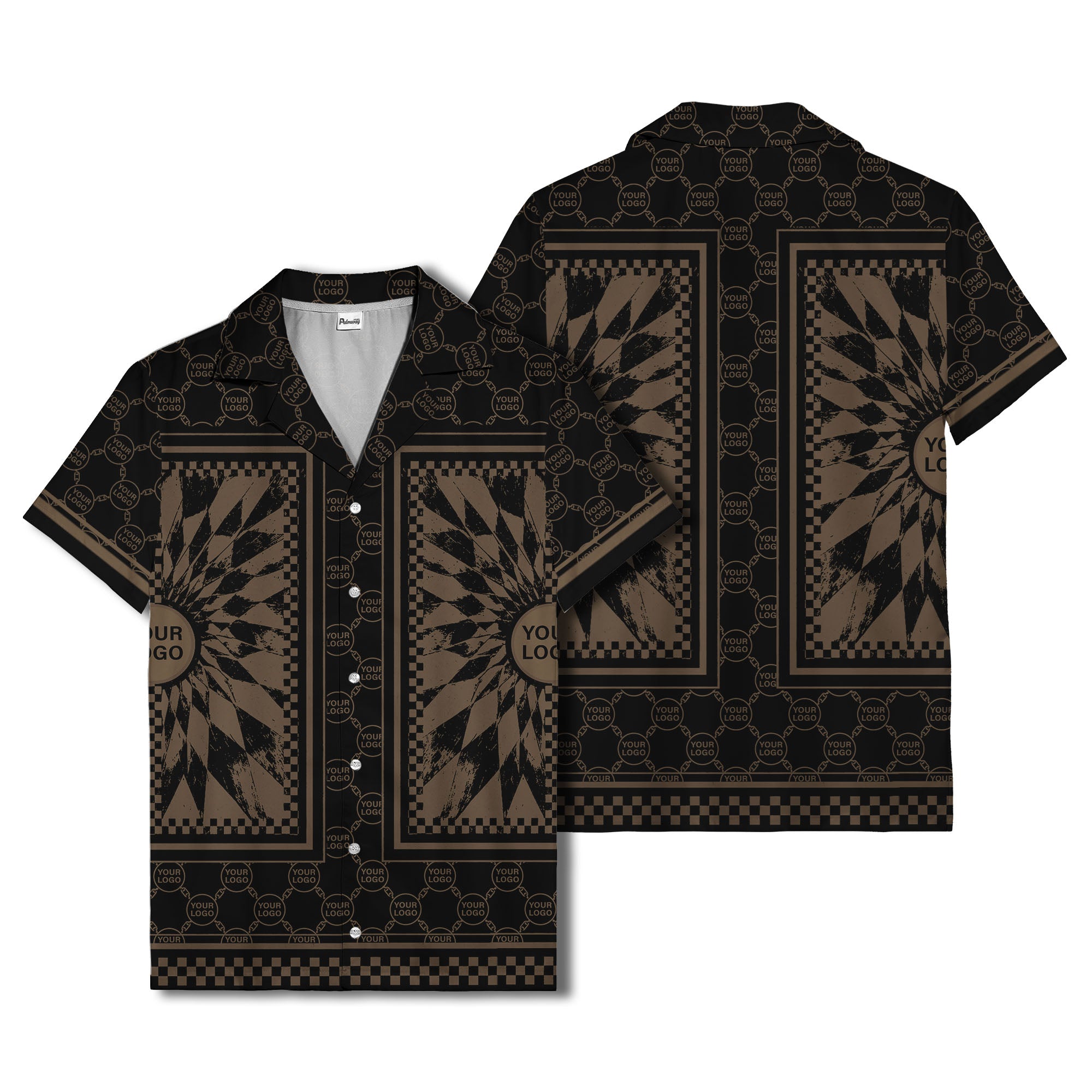geometric palm leaves checkerboard border hawaiian shirt for men