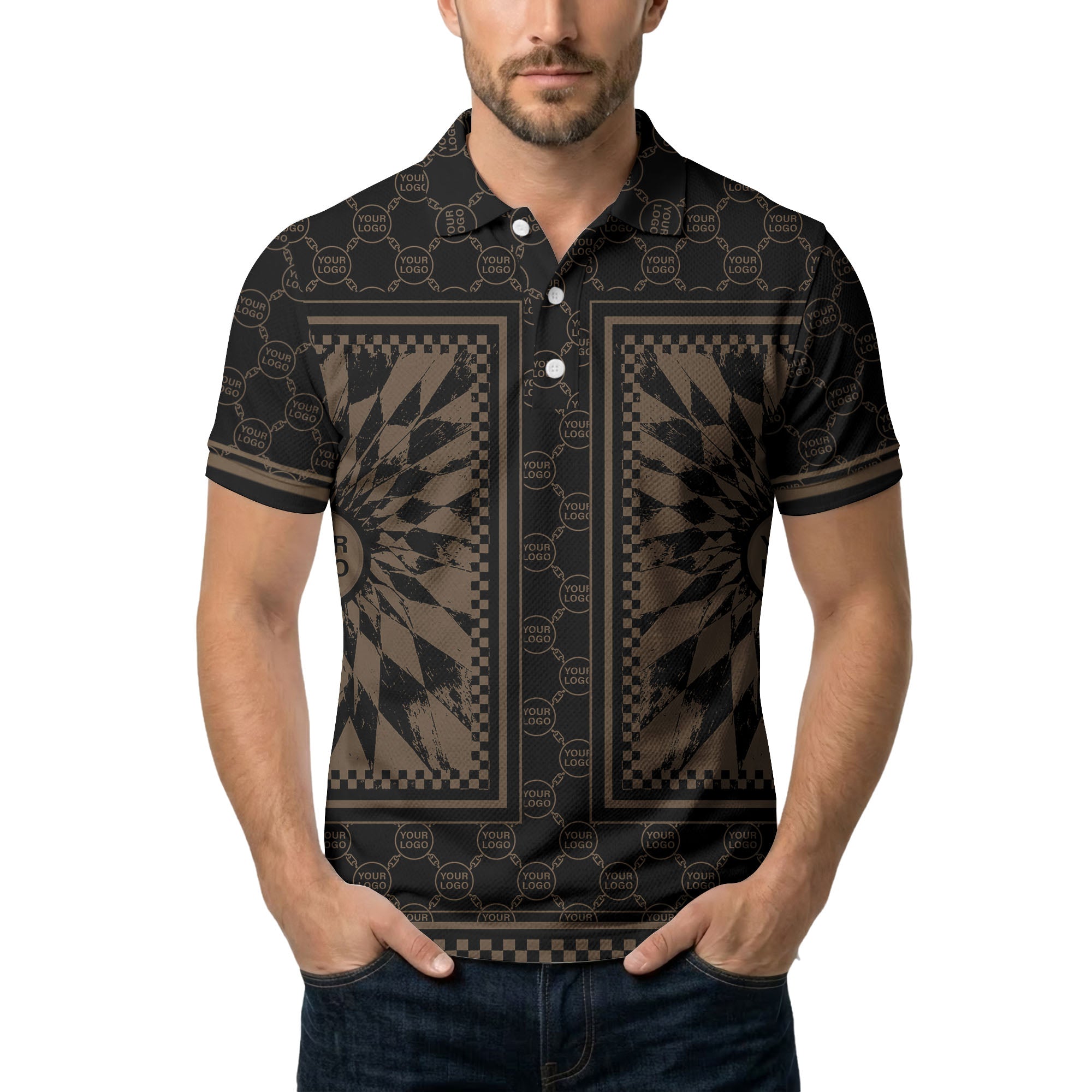 geometric palm leaves checkerboard border polo shirt