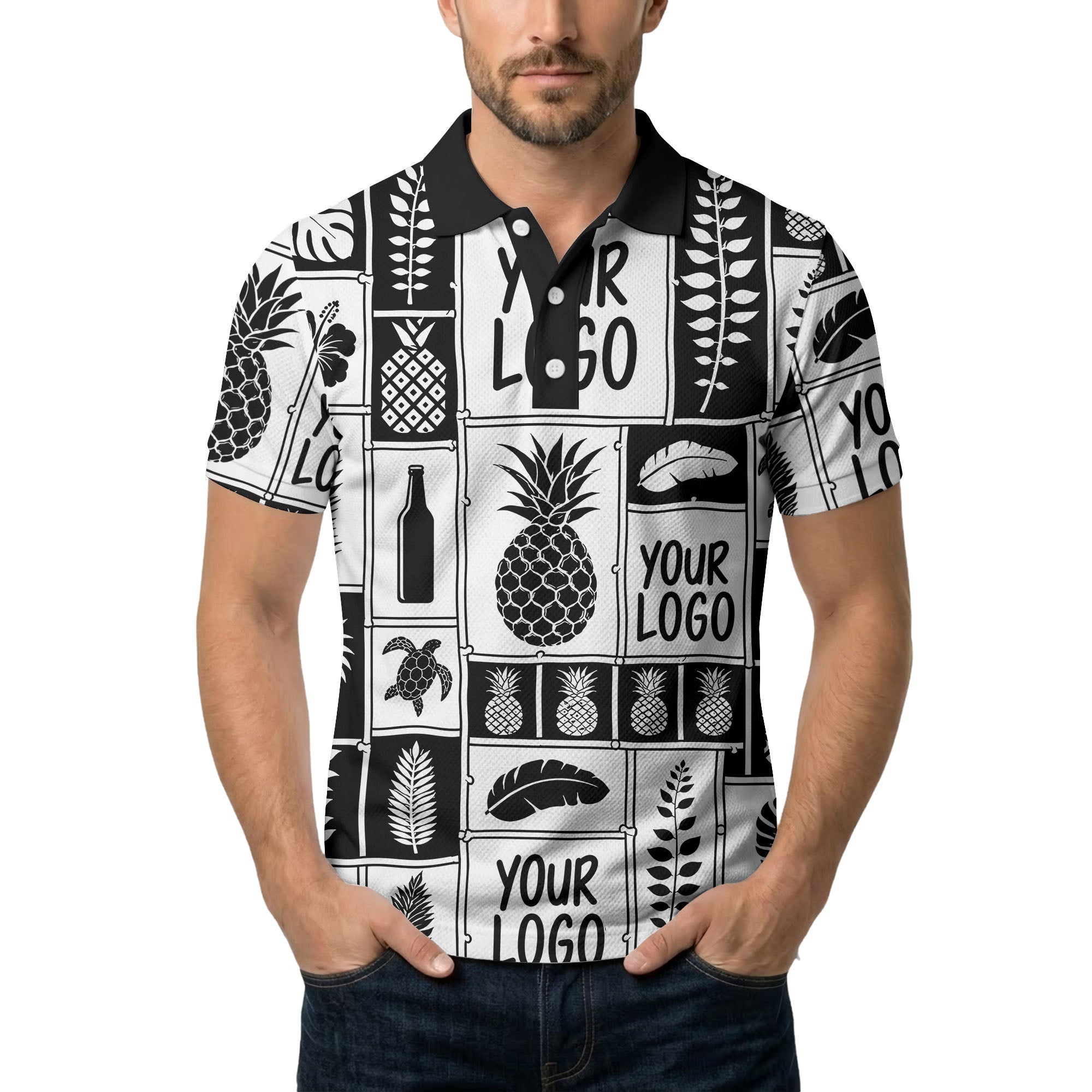 graphic pineapple & palm leaf repeat polo shirt for men