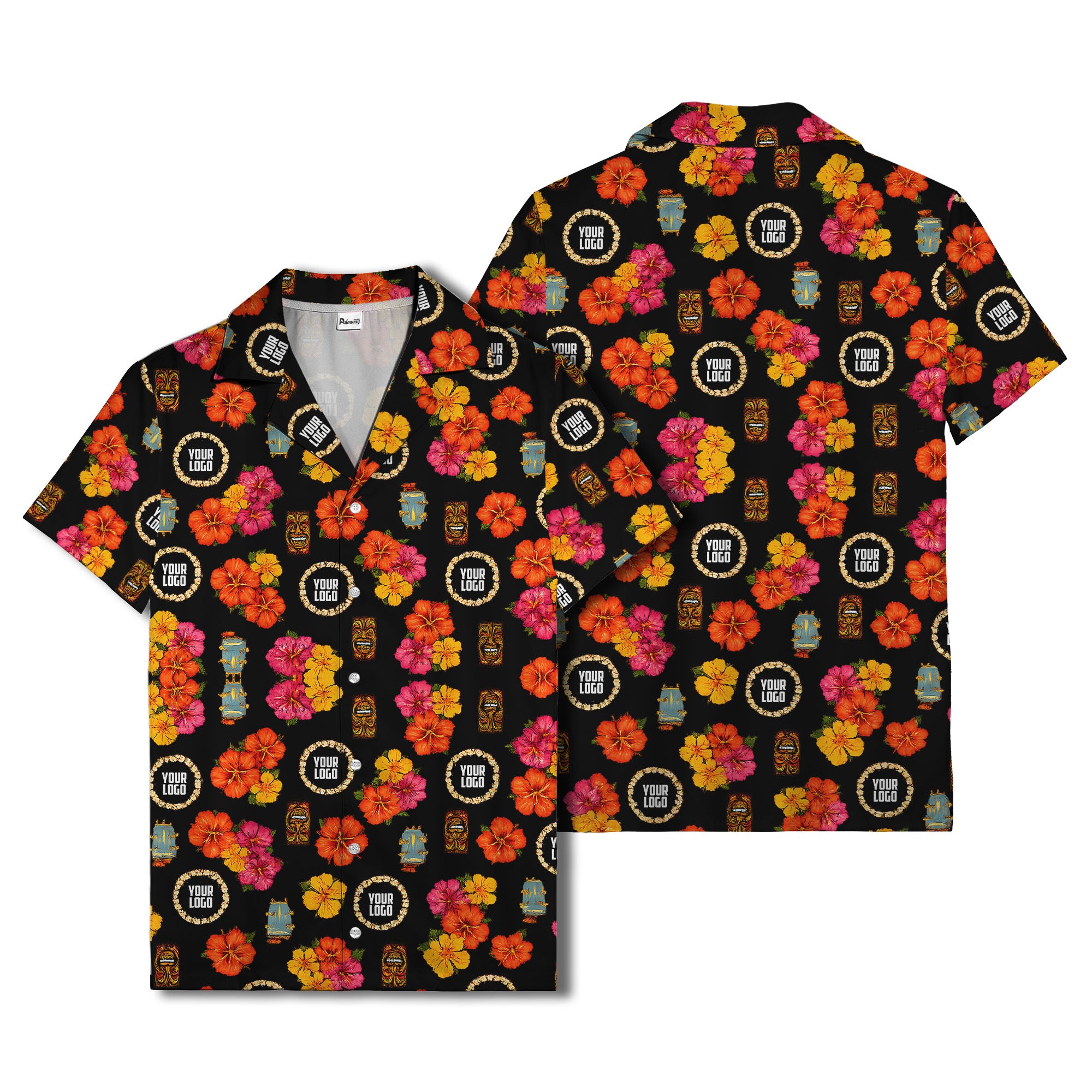hibiscus & tiki masks all-over print hawaiian shirt for beach getaway