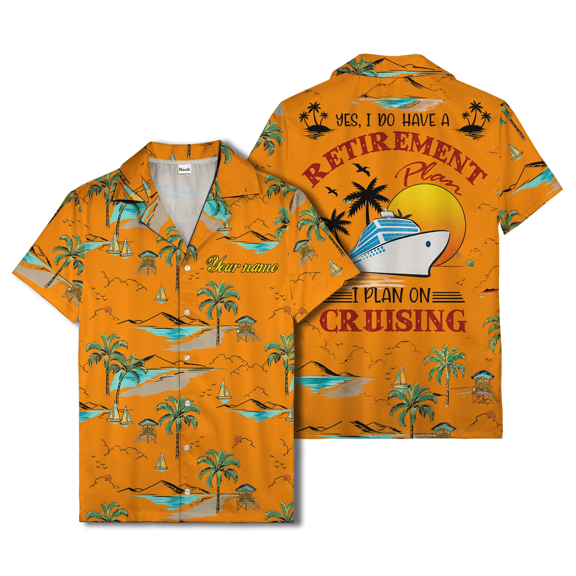 island paradise palm trees & sailboats sunset hawaiian shirt