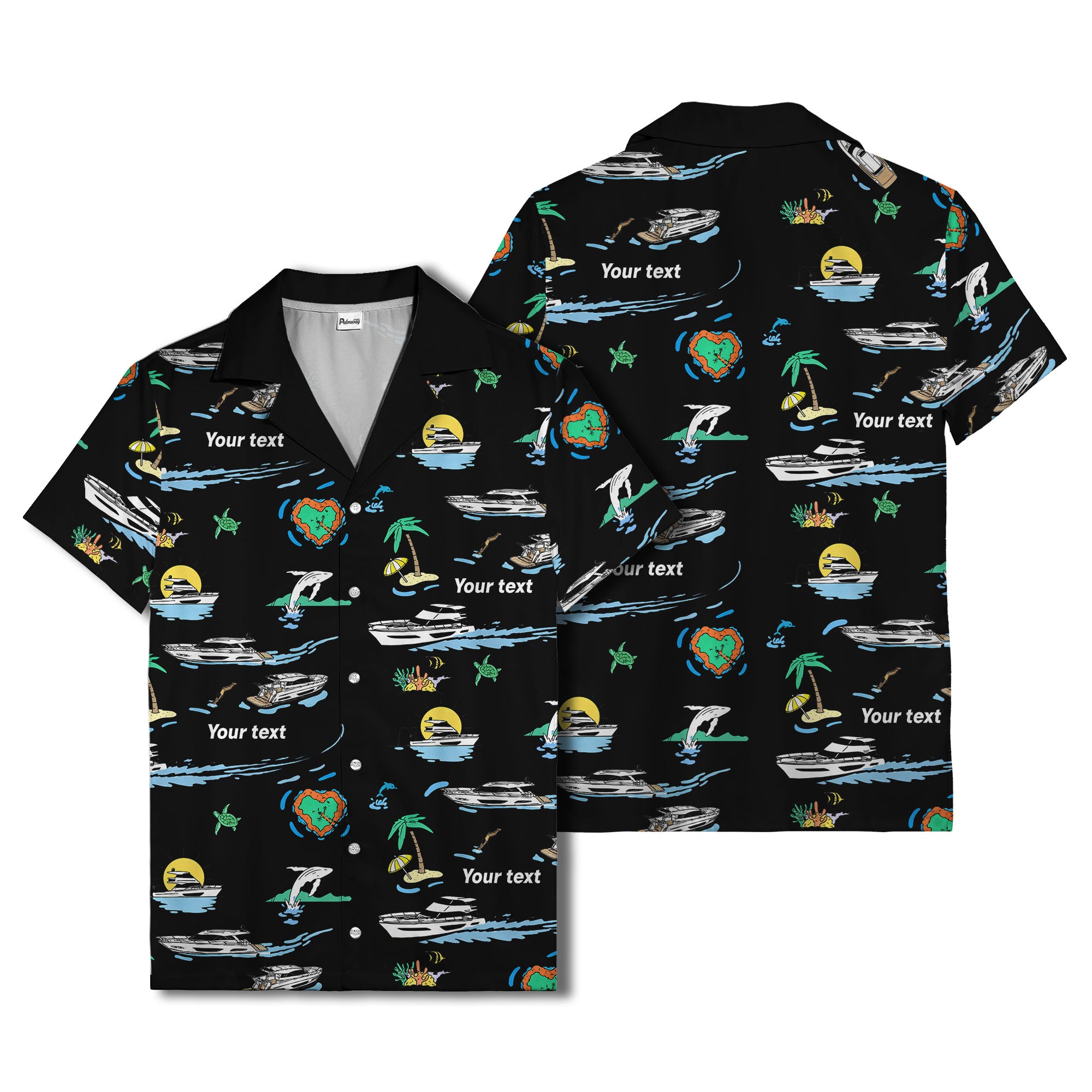 luxury yacht & heart-shaped island cartoon hawaiian shirt