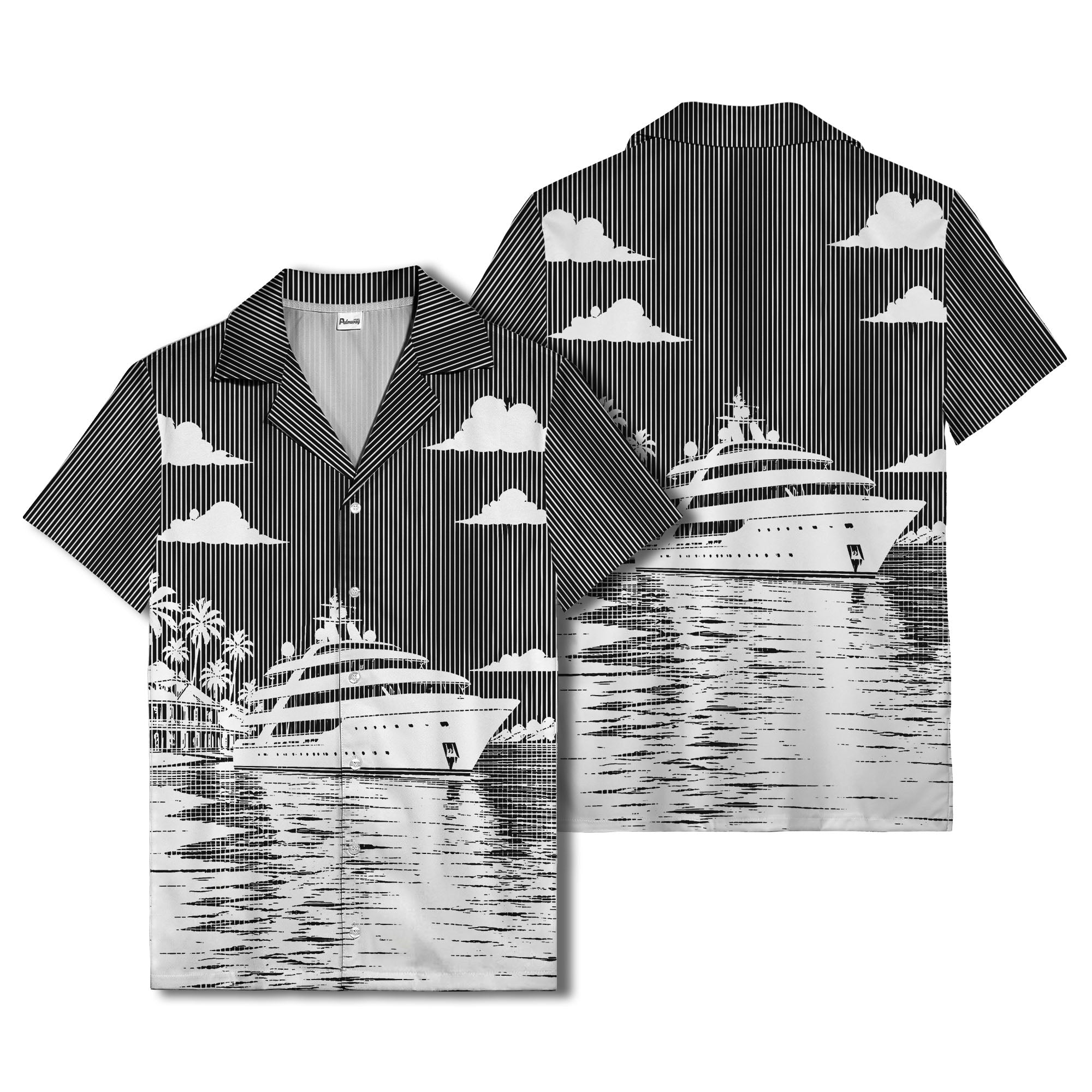 luxury yacht & palm trees tropical beach scene hawaiian shirt