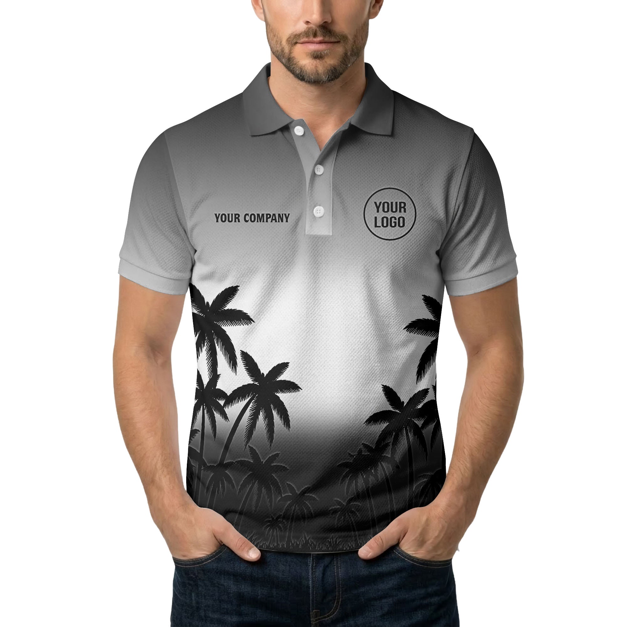 monochrome palm trees ombre gradient sky polo shirt for men