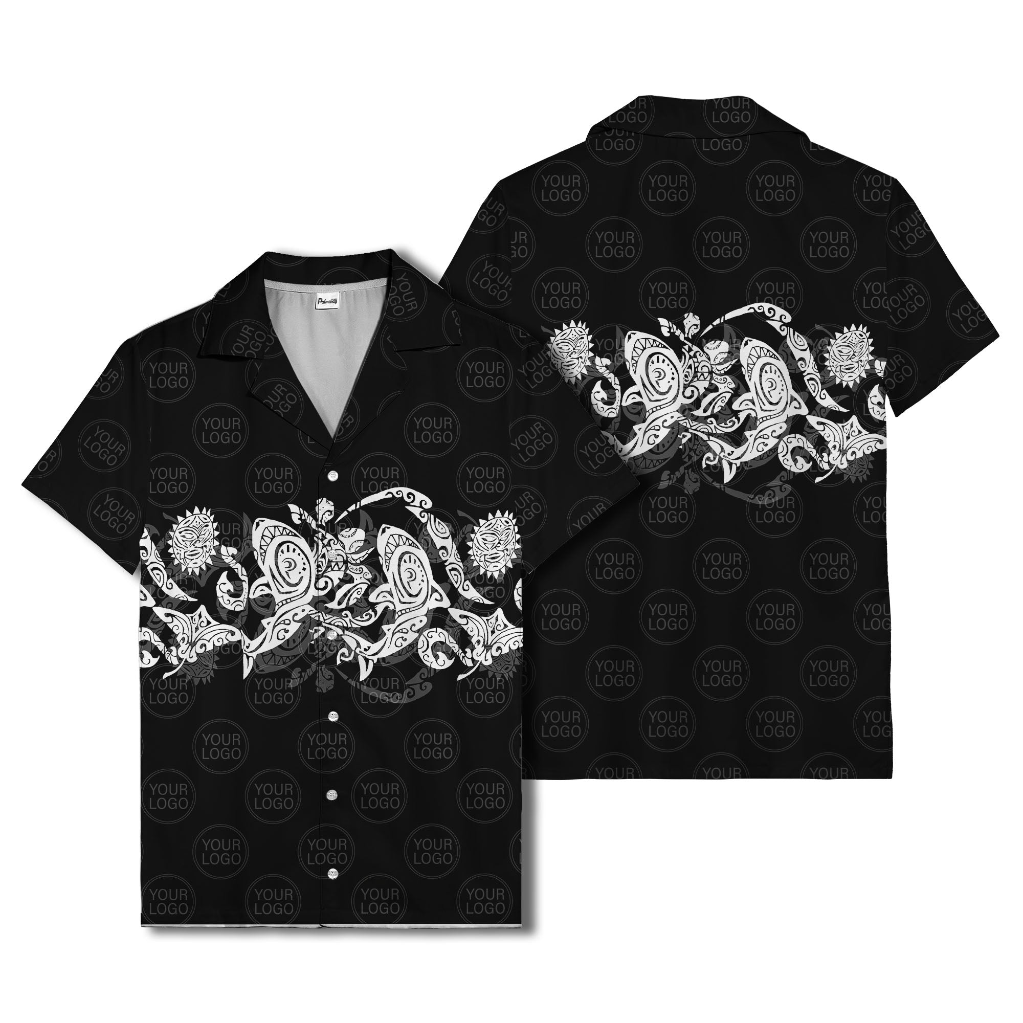 monochrome tribal turtle & sun motifs heritage hawaiian shirt