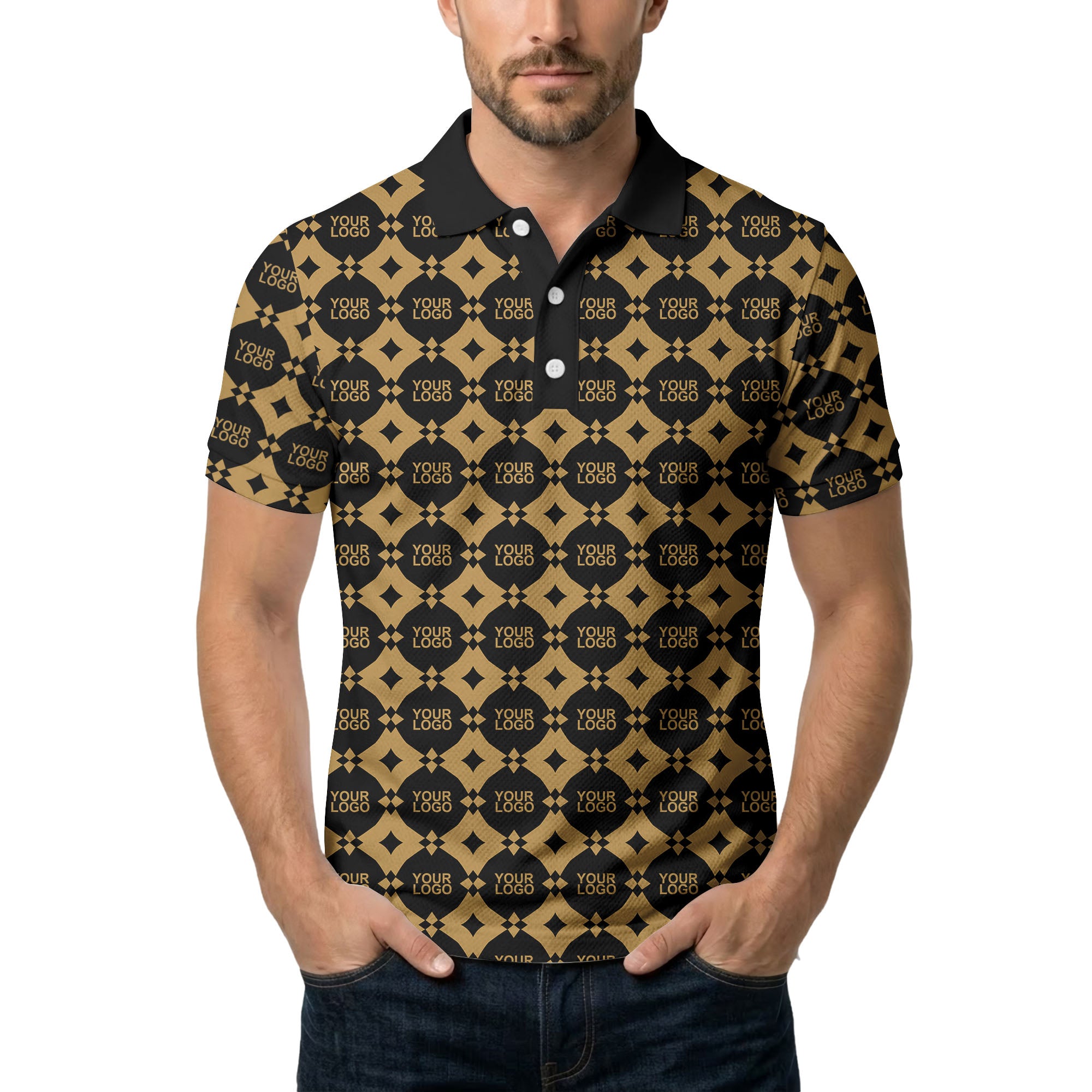monogrammed gold black diamond repeat luxury polo shirt