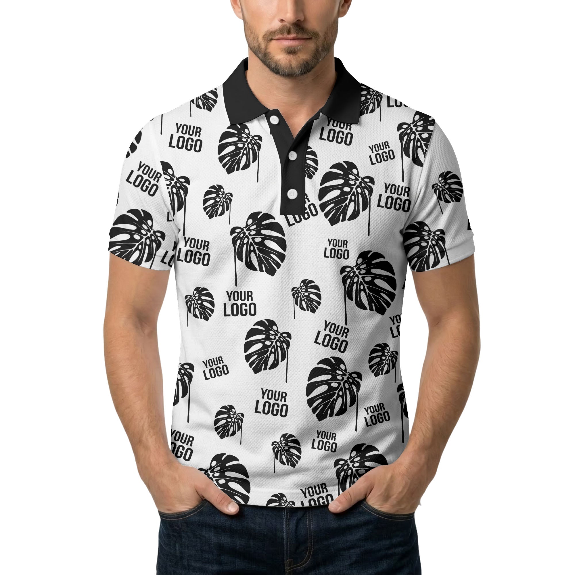 monstera leaves & custom logo repeat black white hawaiian polo shirt