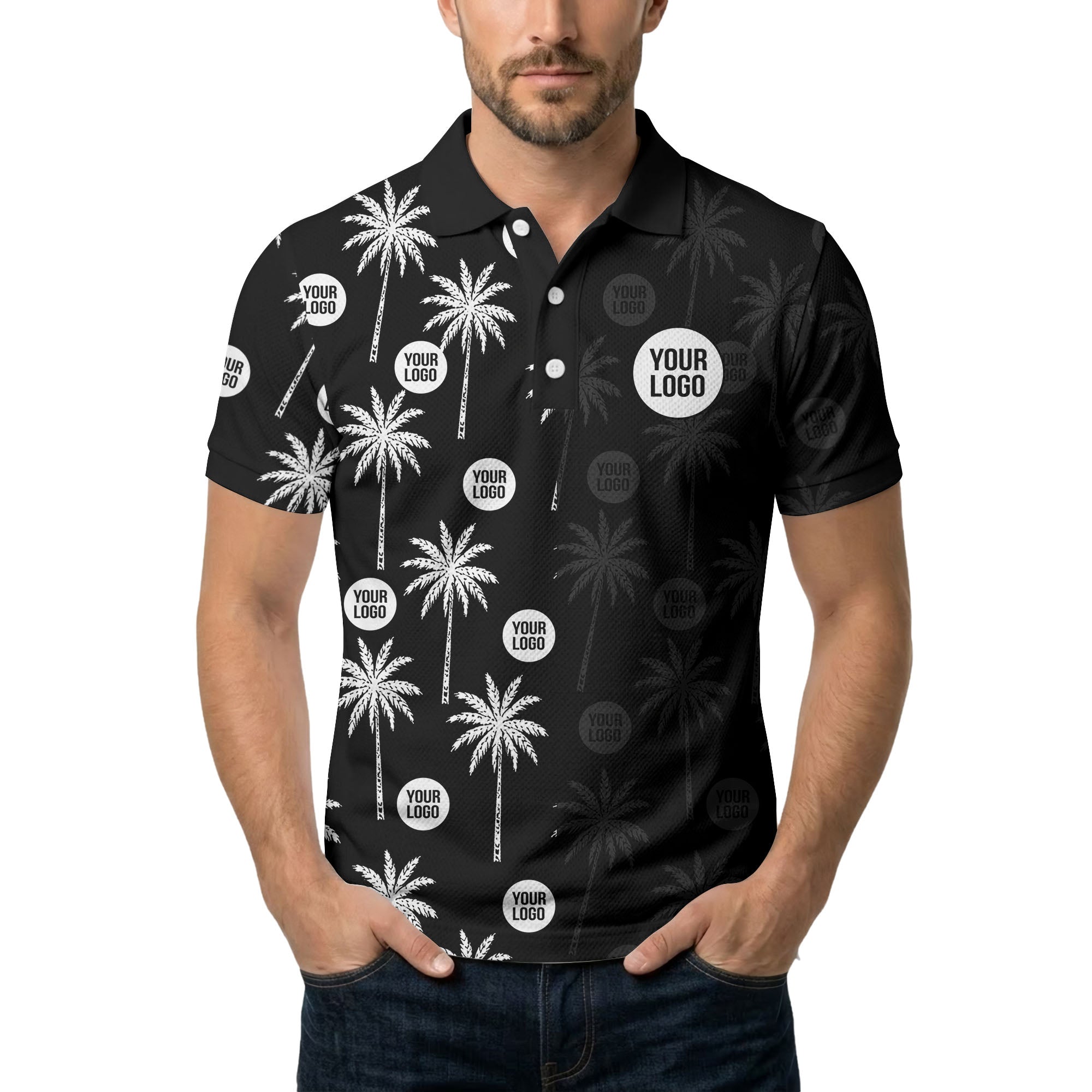 palm trees & custom logo circle repeat graphic polo shirt
