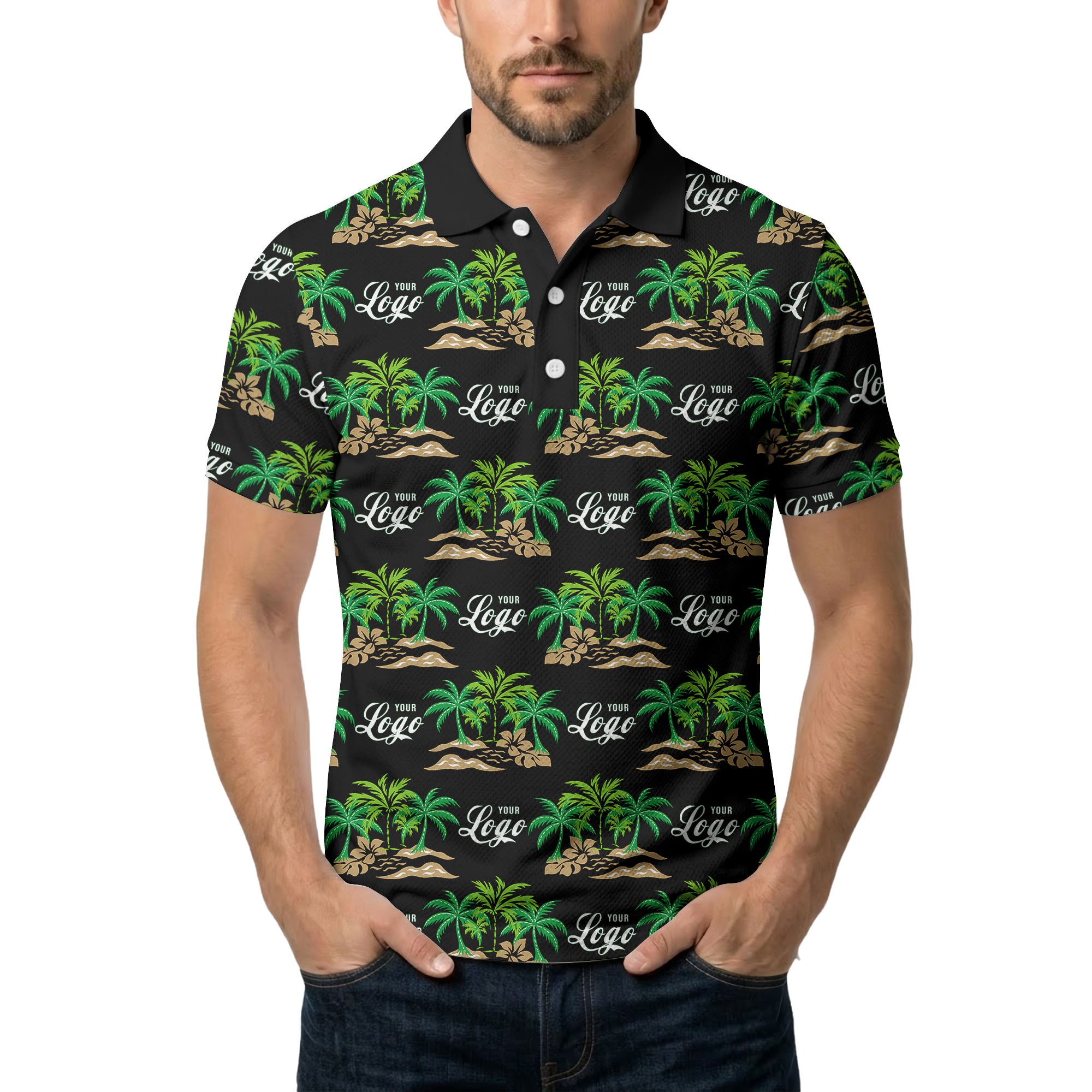 palm trees island scene repeat graphic polo shirt for men