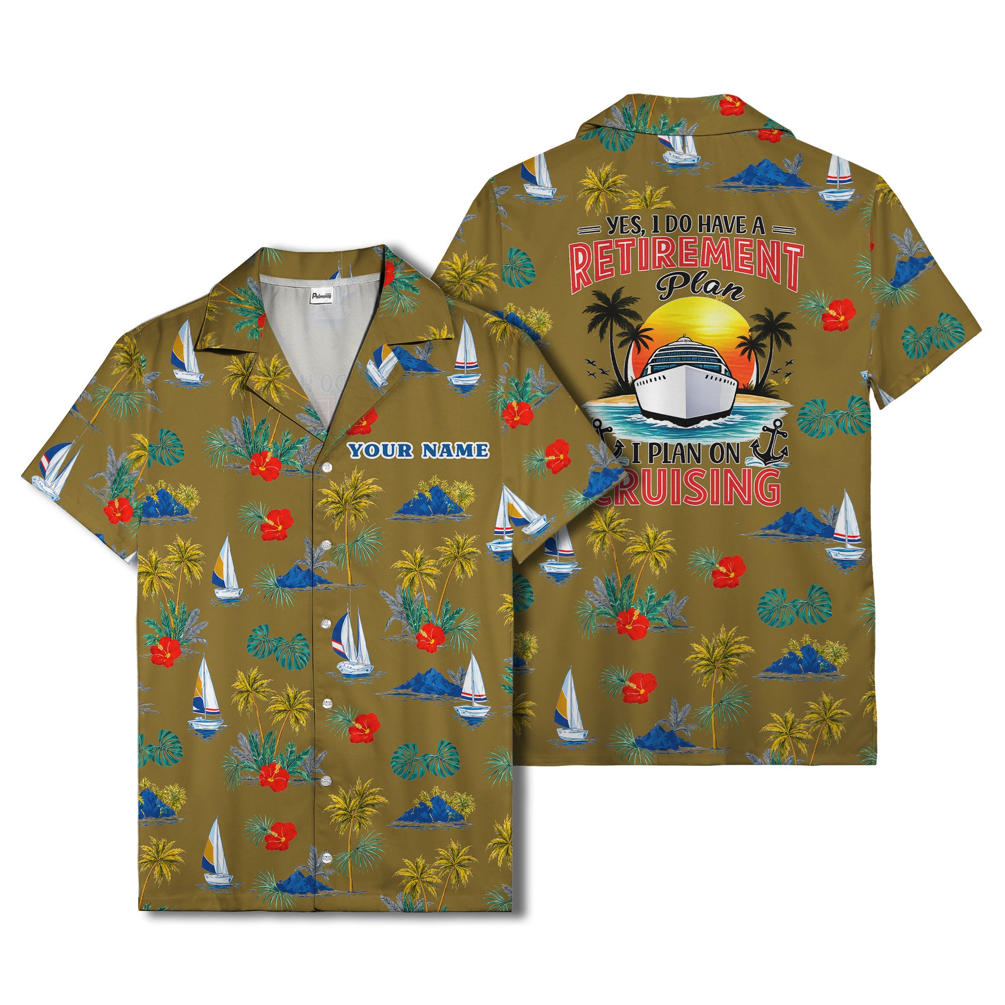 palm trees sailboats hibiscus island paradise hawaiian shirt