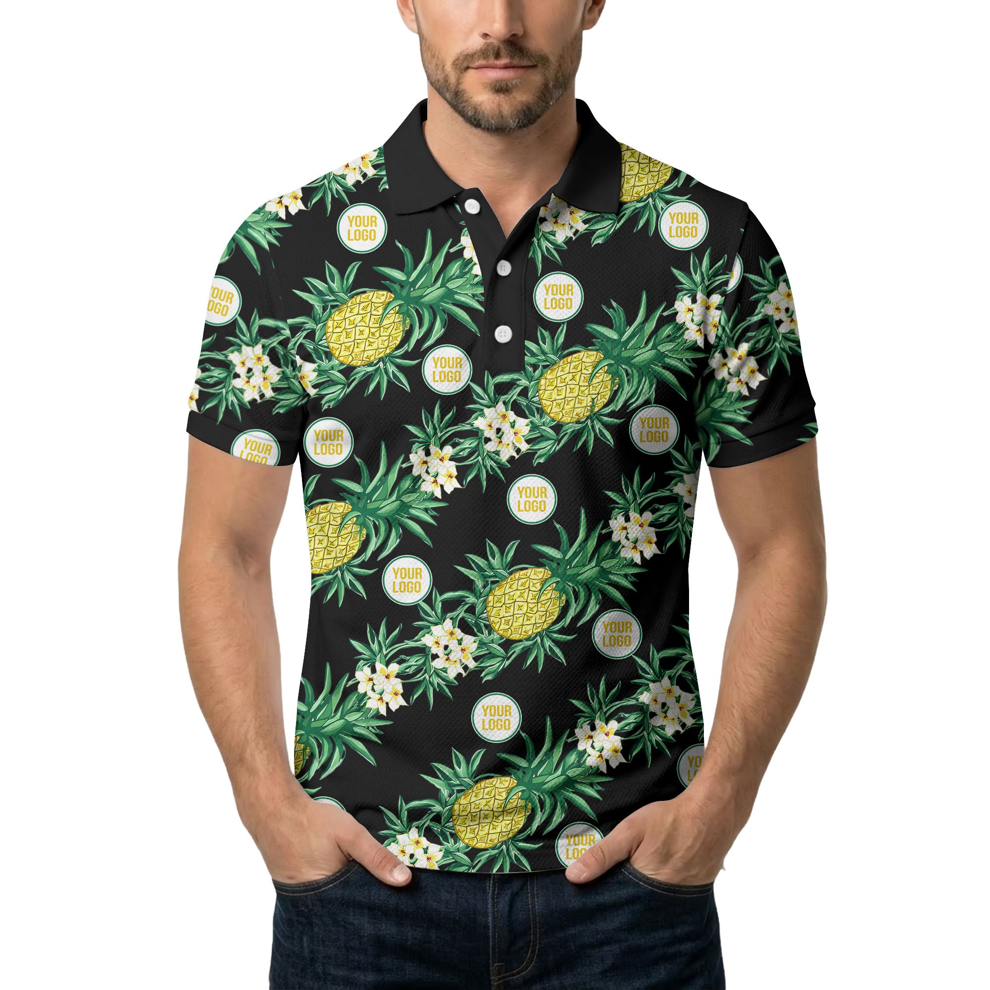 pineapple plumeria repeat pattern black polo shirt for men